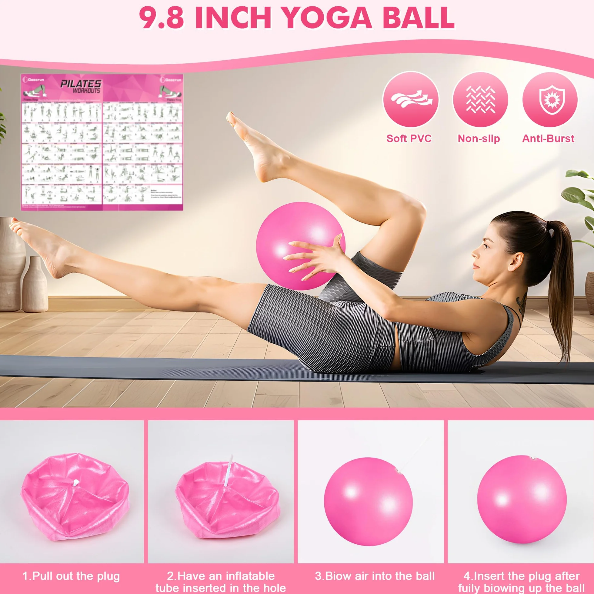 Goocrun Ensemble d'anneaux de Pilates avec bandes de résistance, ballon et disque de glissement