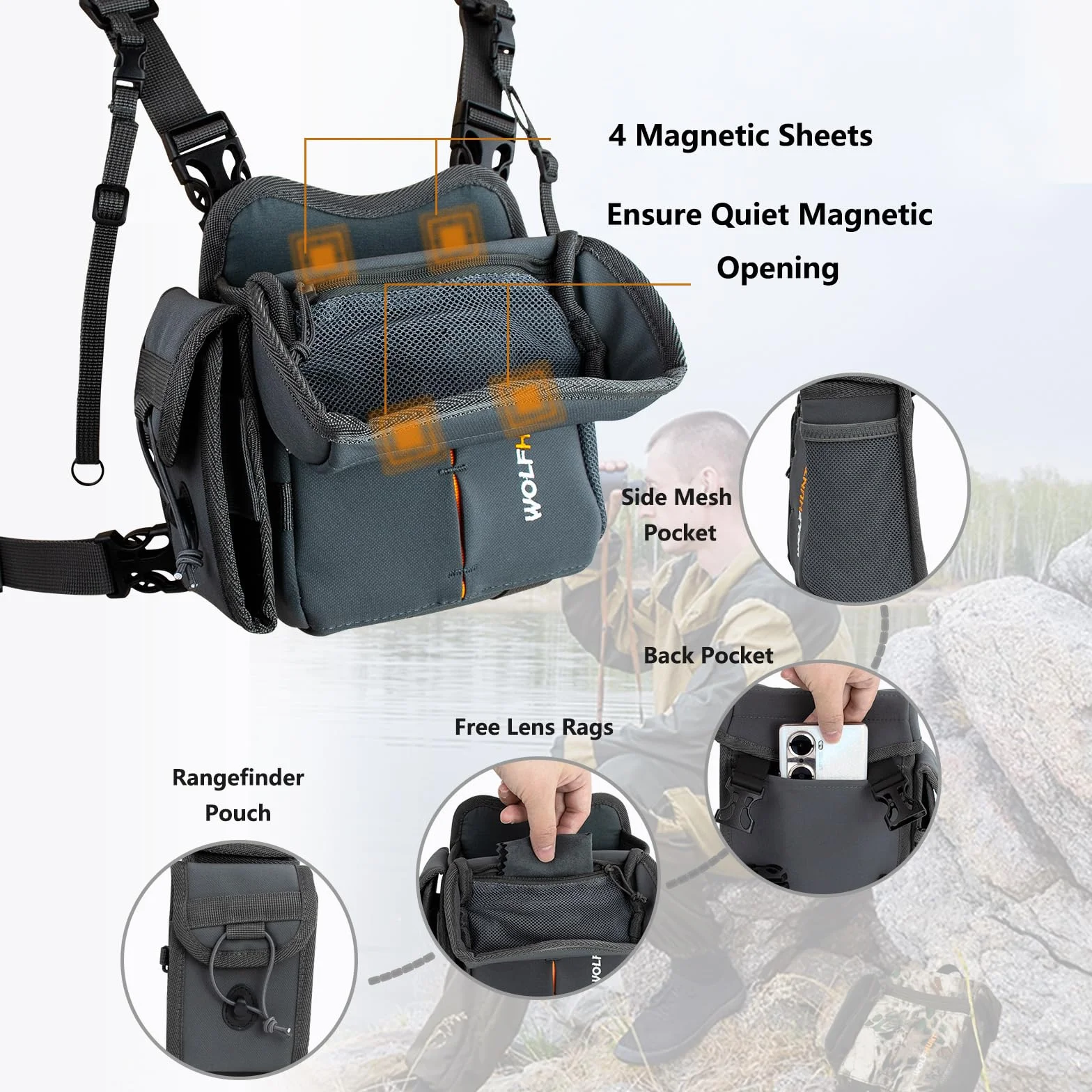 Harnais de Jumelles, Sac de Poitrine avec Pochette télémétrique, Sac pour Jumelles à Ouverture magnétique, Mode Triple Utilisation, Sac de Poitrine de Chasse avec Sangles d'attache, système Molle et