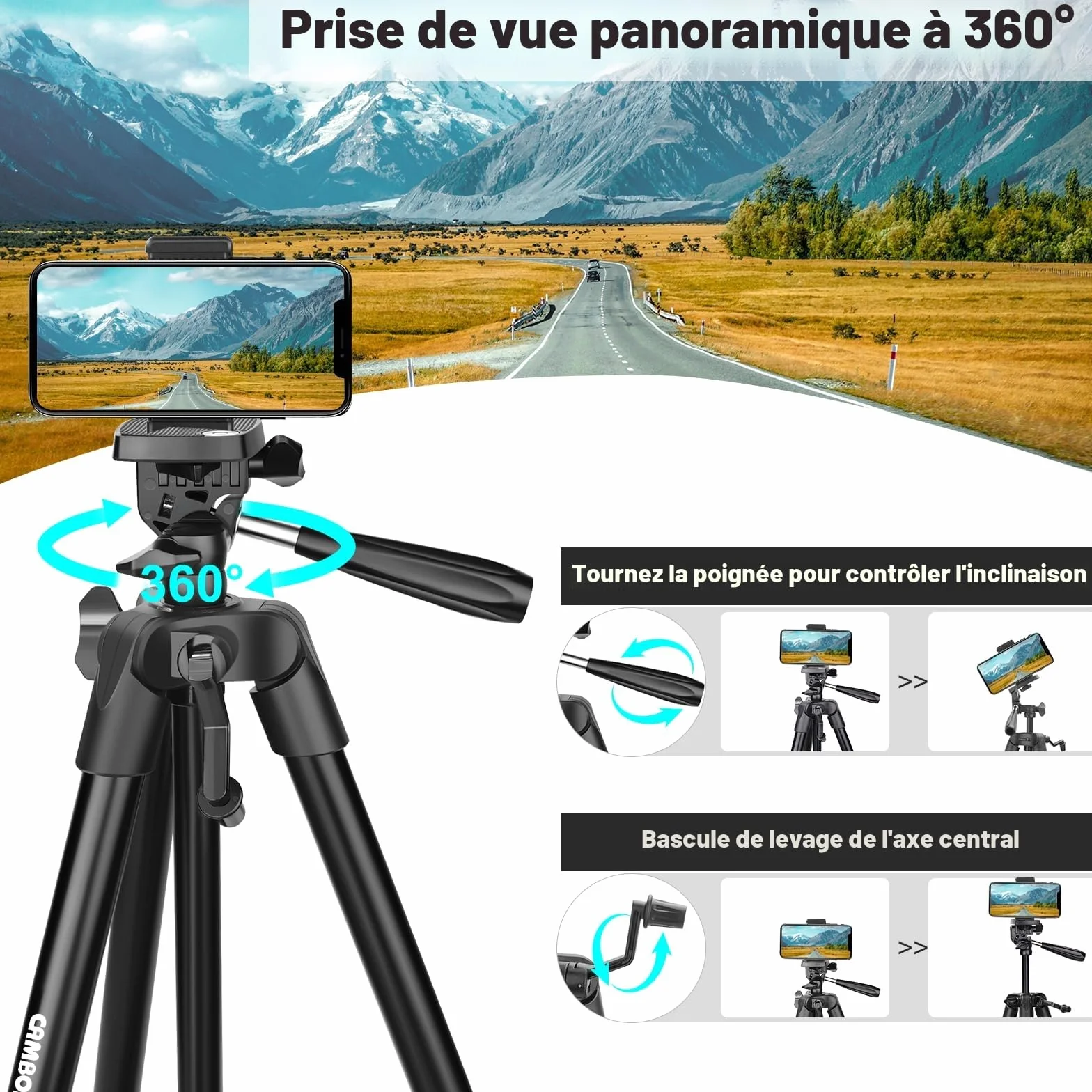 CAMBOFOTO Trépied Léger de 135 cm pour Téléphone, avec Support de Téléphone, Compatible avec iPhone et Autres Smartphones Android, Les Reflex Numériques et Les Cameras sans Miroir