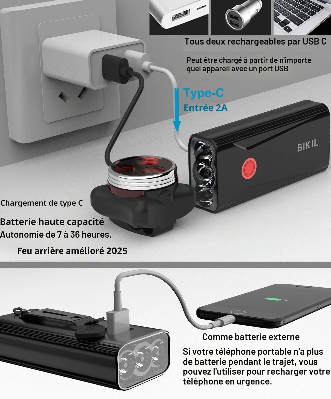 BIKIL Lumiere Velo 6400mah Lampe Velo Rechargeable USB C LED 2400 Lumens Etanche Phare VTT Course Cycliste