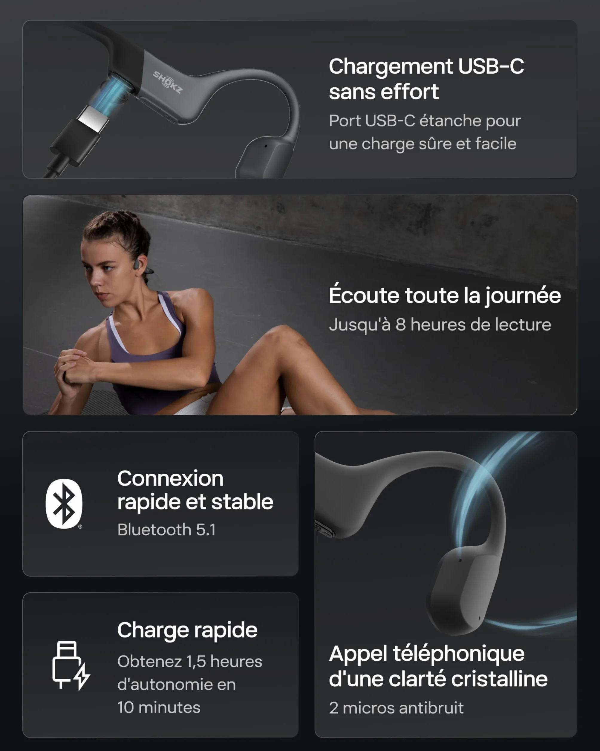SHOKZ OpenRun Casque à Conduction osseuse, écouteurs Bluetooth Oreilles Libres pour Le Sport avec Micro, Casque sans Fil étanche IP67, 8 Heures d'autonomie, USB-C, Bandeau de Sport, Noir