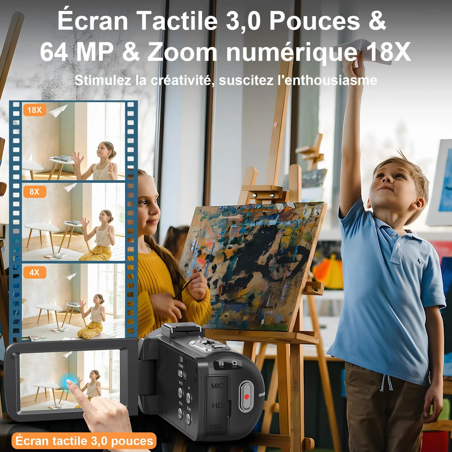 Caméscope Vidéo 8K 64MP Vlogging WiFi Vision Nocturne IR Écran Tactile 3" Zoom Numérique 18X avec Mic et Télécommande