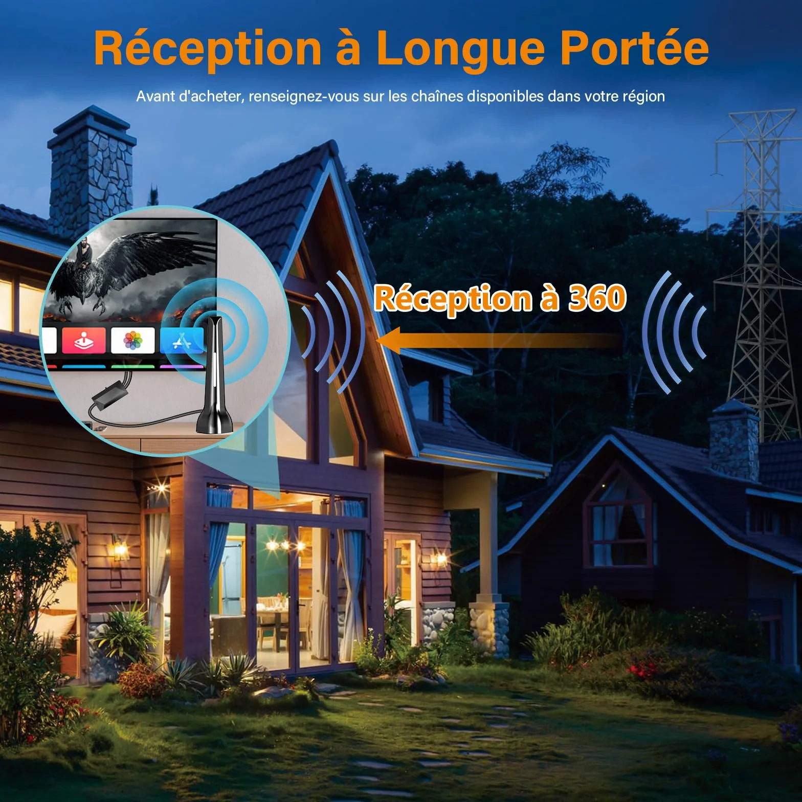 Antenne TV intérieure puissante TNT amplificateur signal gain élevé réception longue distance 420 km base magnétique