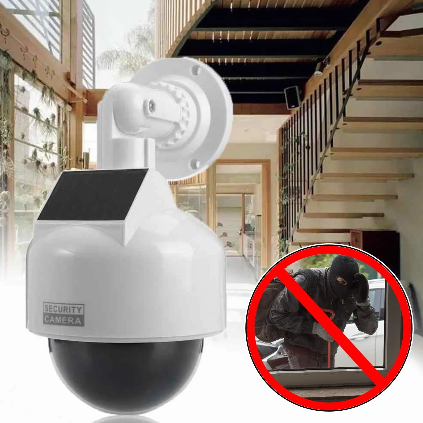 O&W Security Caméra de Surveillance Solaire Professionnelle Speed Dome Dummy Fake factice - Caméra de Surveillance d'extérieur - avec Objectif et lumière LED Rouge - Surveillance des Marchandises