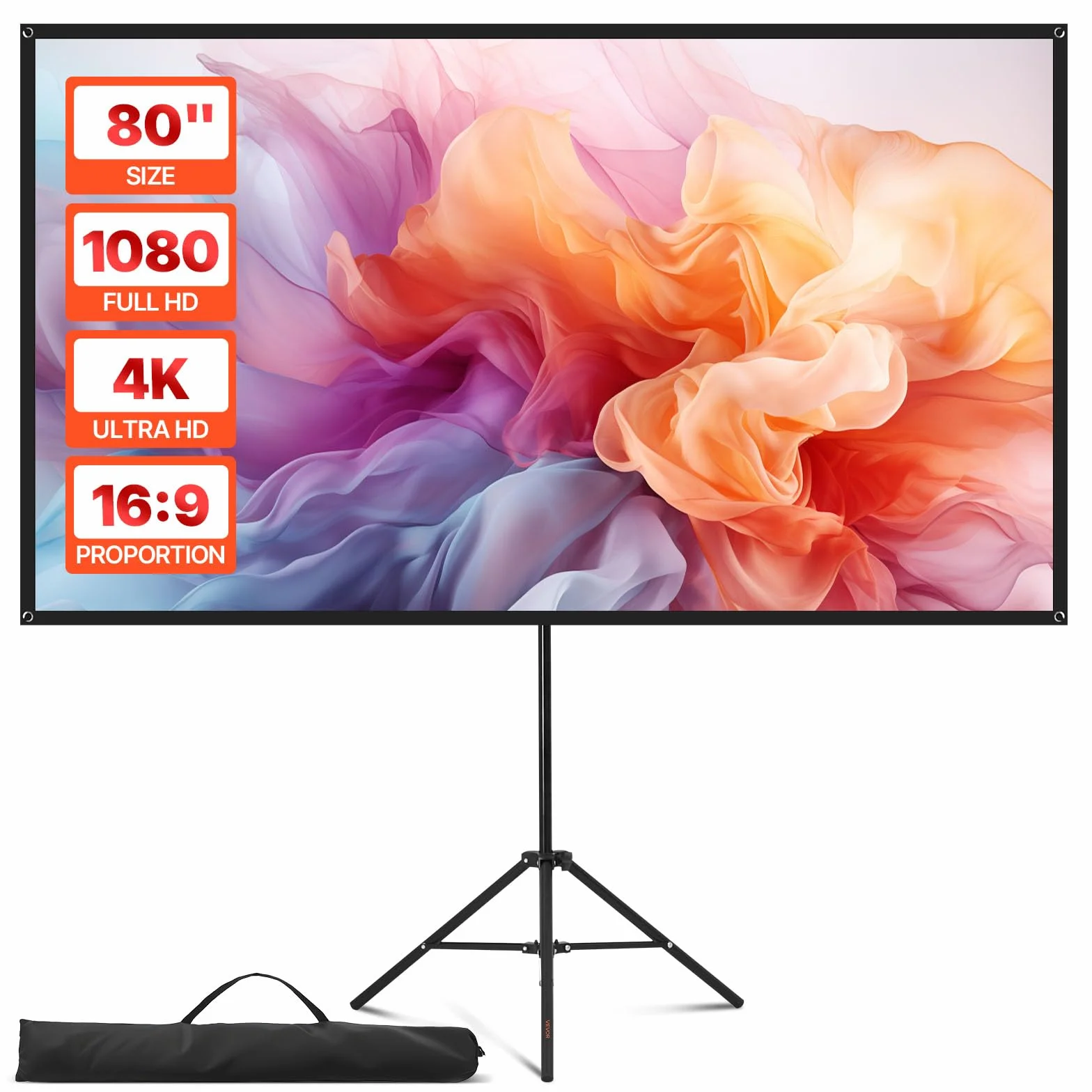VEVOR Écran de Projection Trépied 203,2 cm Portable Infroissable 160° 16:9 4K HD