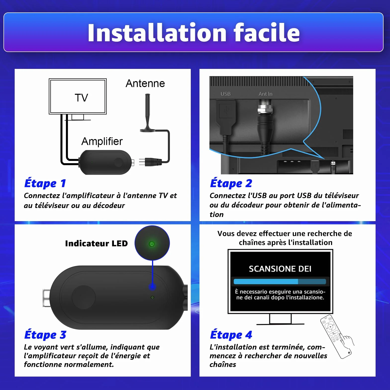 Amplificateur de Signal TV Booster TNT HD 4K avec Filtre 4G Intérieur Extérieur