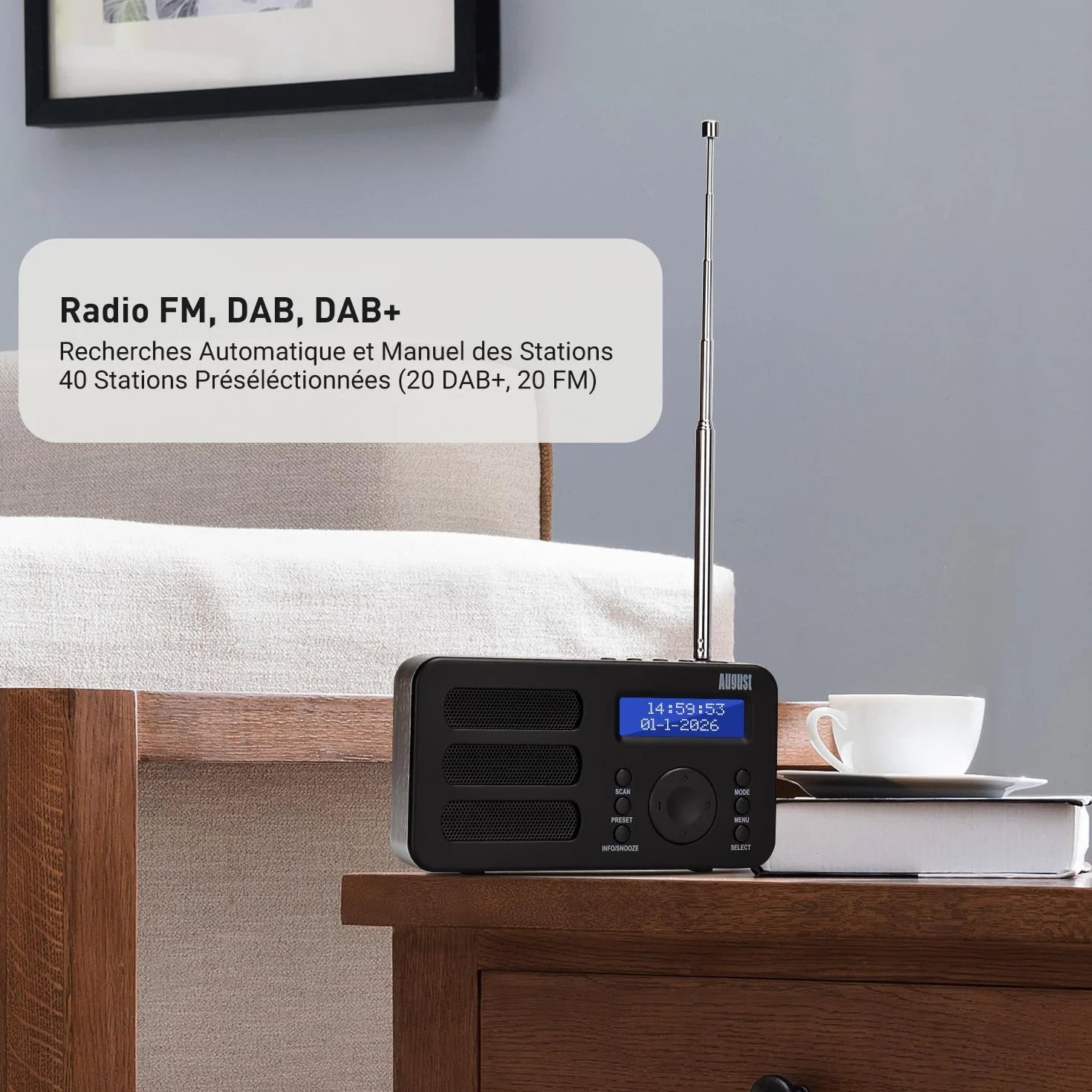 August MB225 - Radio Portable Rechargeable FM Dab RNT - Petite Radio Numérique Stéréo Portative Digitale avec Batterie Alarme Poste 40 Présélections et Prise écouteurs (Noir)