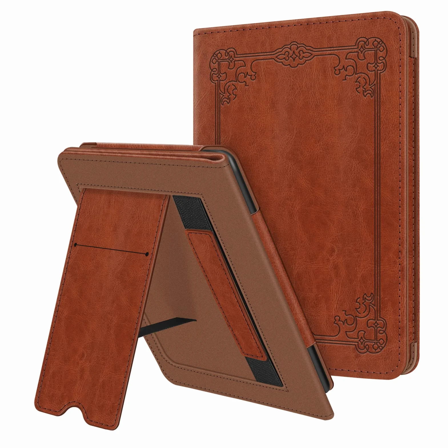 FINTIE Étui pour 6" Kindle (11e Génération, Modèle 2024/2022), Coque Fixation à Béquille Housse avec Fente pour Carte et Dragonne, Veille/Réveil Automatique, Marron Vintage