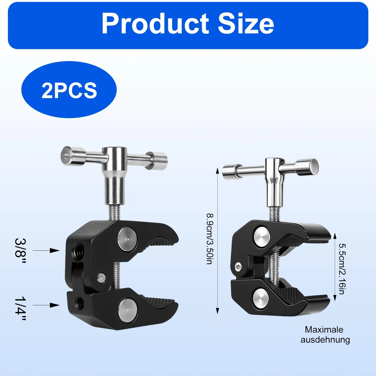 Lot de 2 Super Clamps pour appareil photo, Super Clamp avec bras magique, support de serrage universel pour filetages 1/4 et 3/8 pouces, alliage d'aluminium robuste, pinces antidérapantes pour apparei