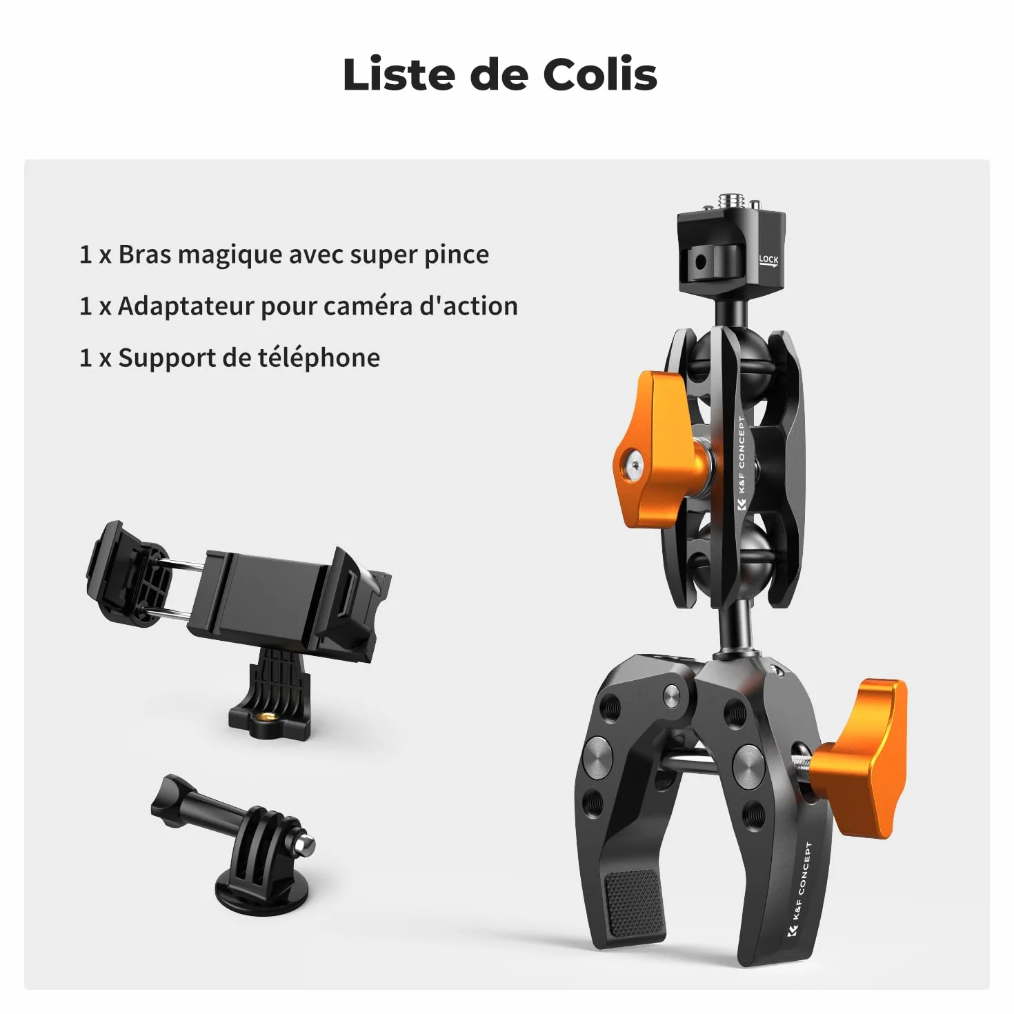 K&F CONCEPT Bras Magique + Pince Super Clamp à Rotule 360° – Support Articulé Multi-Angle avec Filetage 1/4'' et Adaptateur GoPro/Clip Téléphone pour Caméra Photo DSLR Microphone Lumière – M13