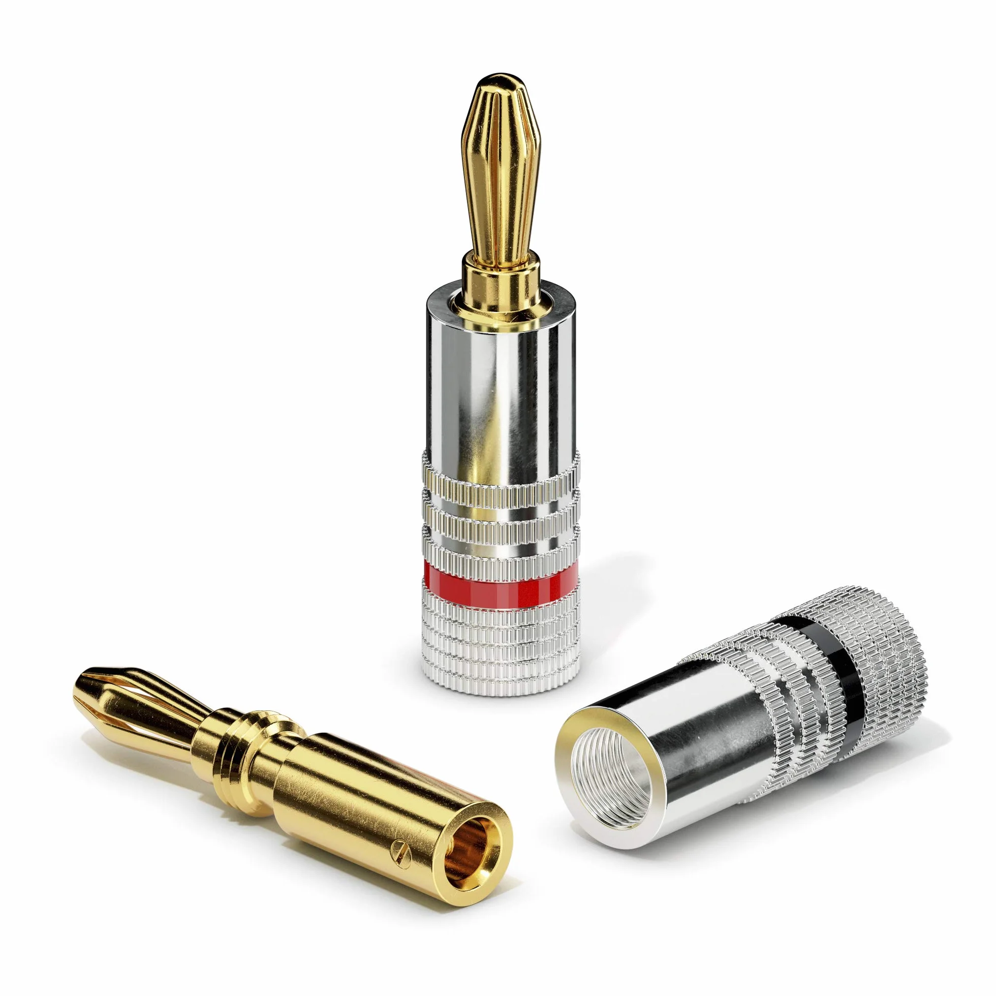 sonero® lot de 4 fiches bananes, pour tous les câbles d'enceintes d'un diamètre maximum de 6 mm², 4 pièces avec codage couleur (12x rouge, 12x noir), plaqué or 24 carats