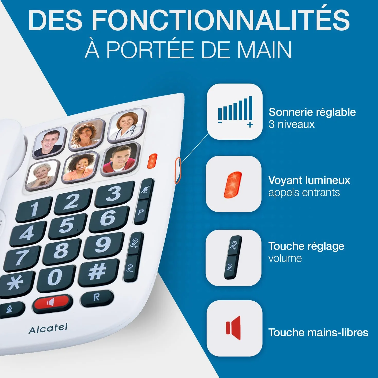 ALCATEL TMAX 10 - Téléphone Fixe Filaire Senior - Grandes Touches - Mains Libres - Indicateur Lumineux D'Appel Entrant - Touches Avec Photos - Compatible Aides Auditives - Blanc