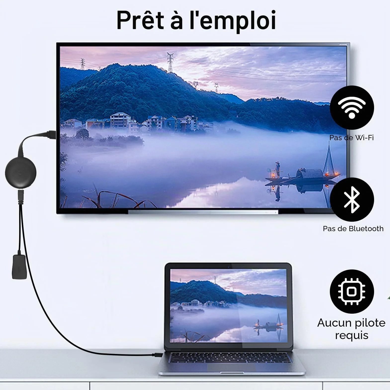 Dongle HDMI sans fil, 1080p, adaptateur d'affichage sans fil HDMI, clé Bluetooth pour ChromecasttMiracast/Airplay/iOS/Android/Mac/Windows/PC Moniteur TV Stick Screen Mirroring