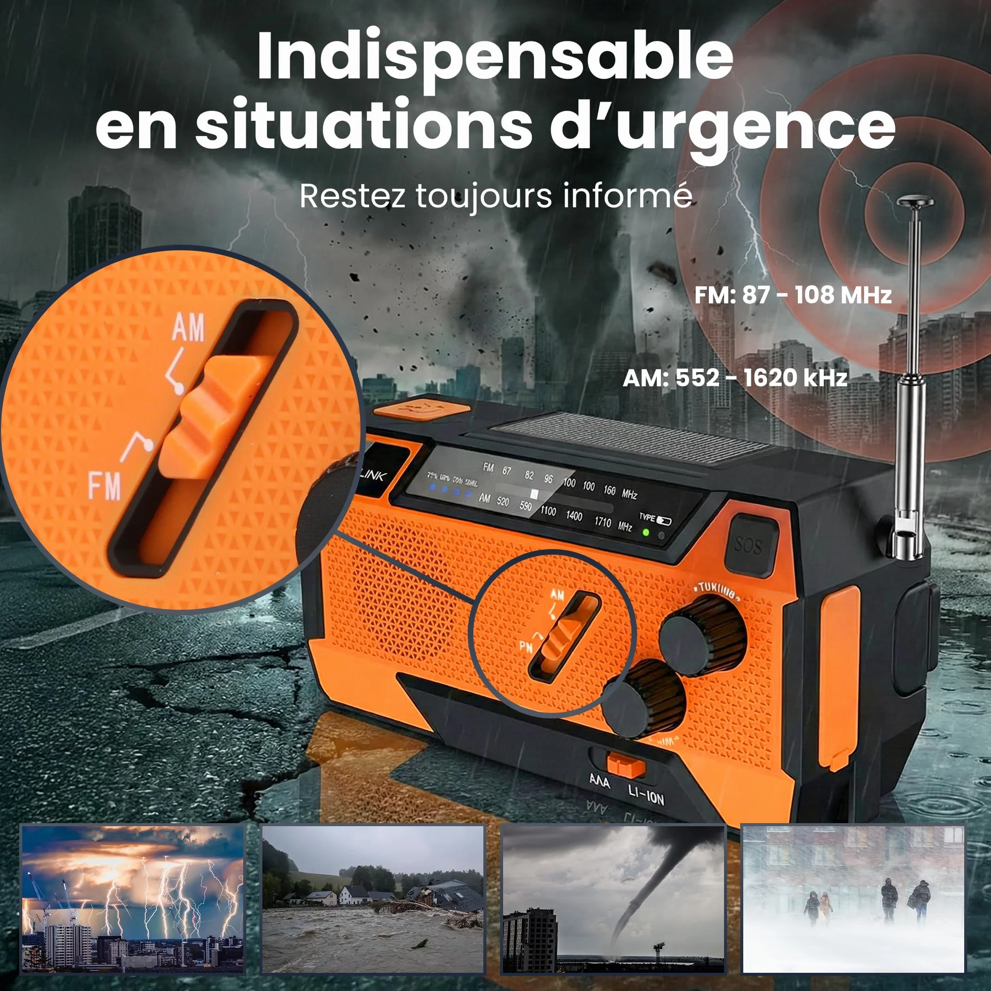 Radio Portable d'Urgence à Manivelle avec Panneau Solaire 4000mAh FM/AM Torche LED SOS Extralink