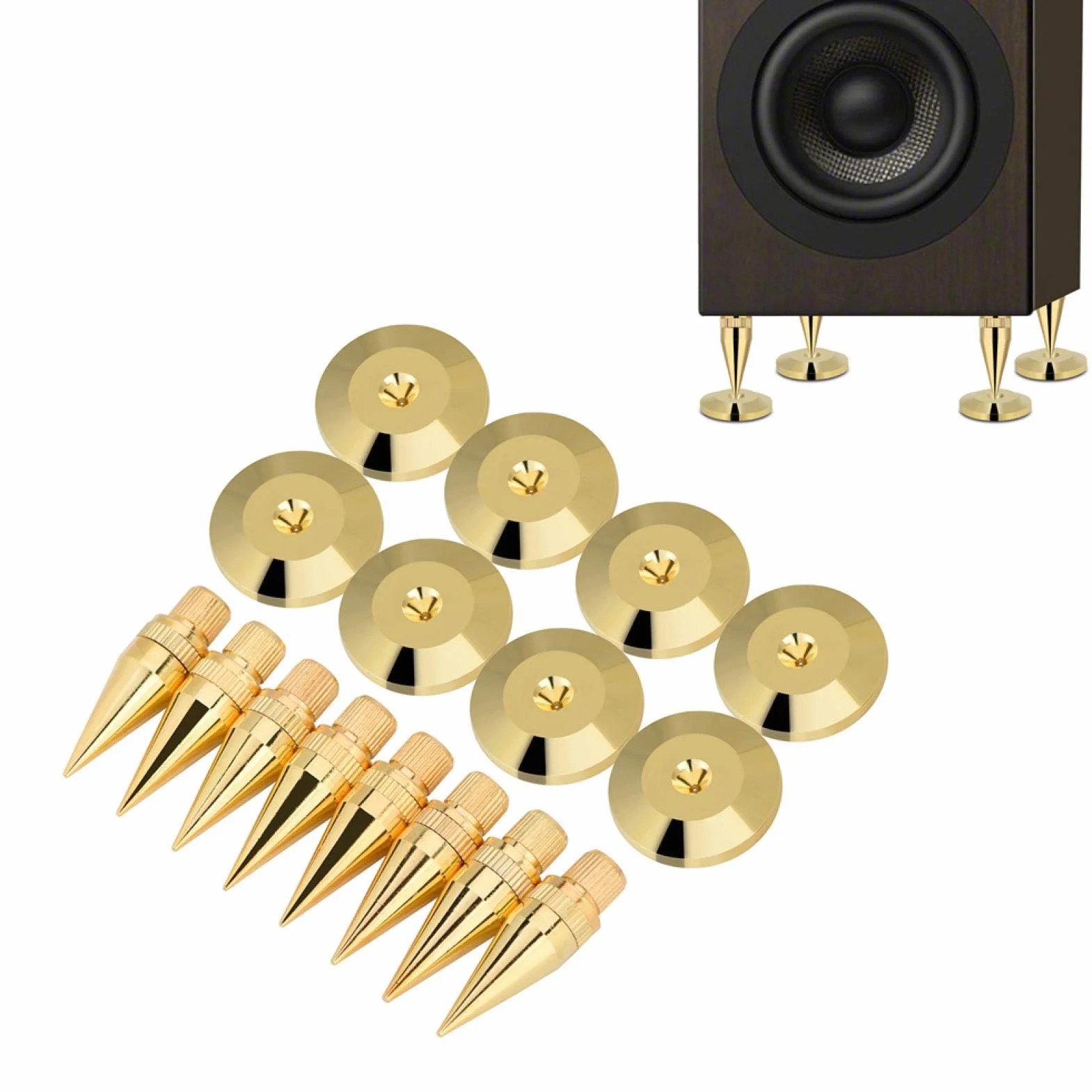 Ensemble de pointes de haut-parleur en cuivre, 8 paires 6 x 36MM CD Amplificateur Audio Plateau tournant Isolation Pied cône + Coussin de base Tapis de pieds antichoc pour amplificateur Haut-parleur É
