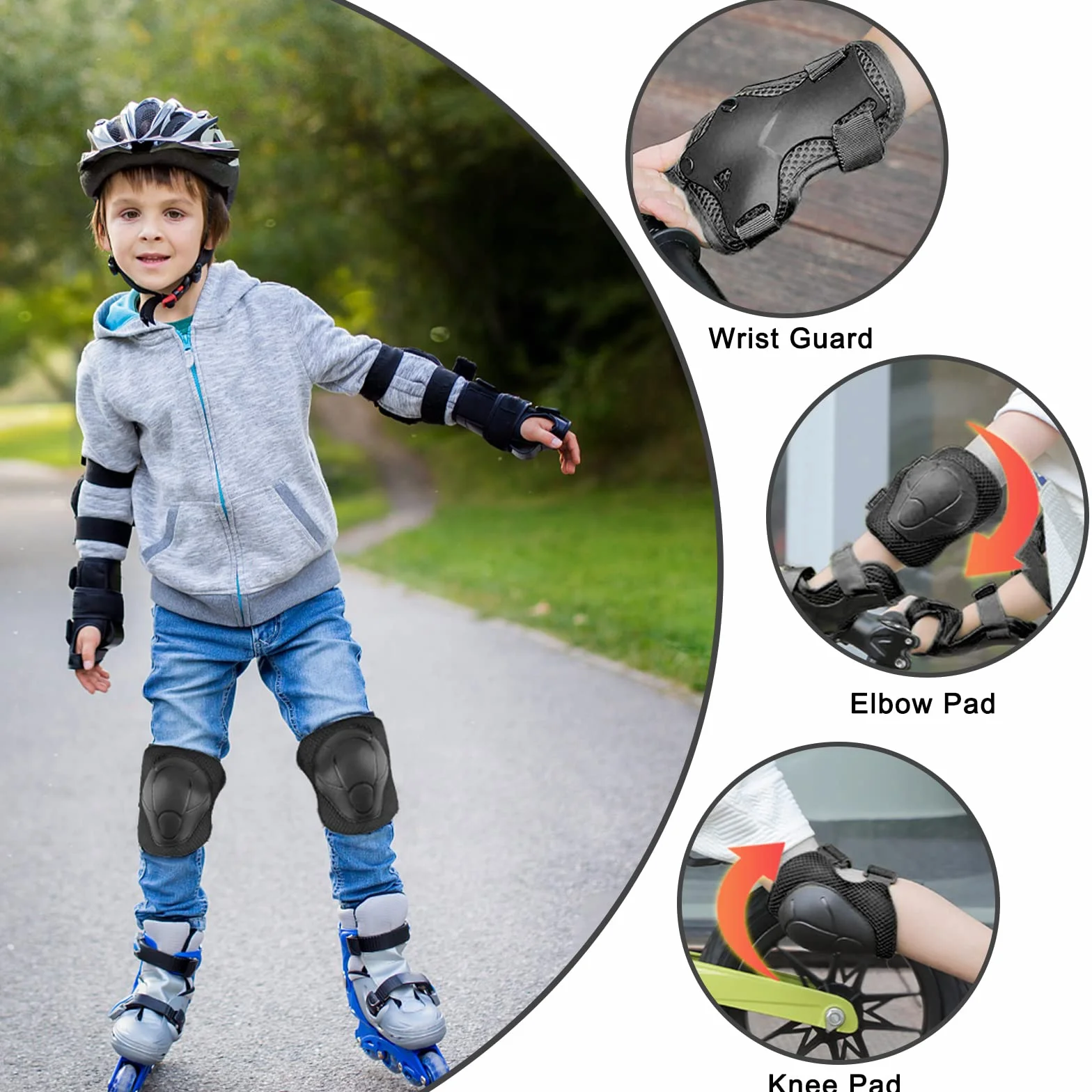 Kit de Protection Patins à Roulettes 6 Pièces Réglables Genouillères Coudières Protège-Poignets Vélo
