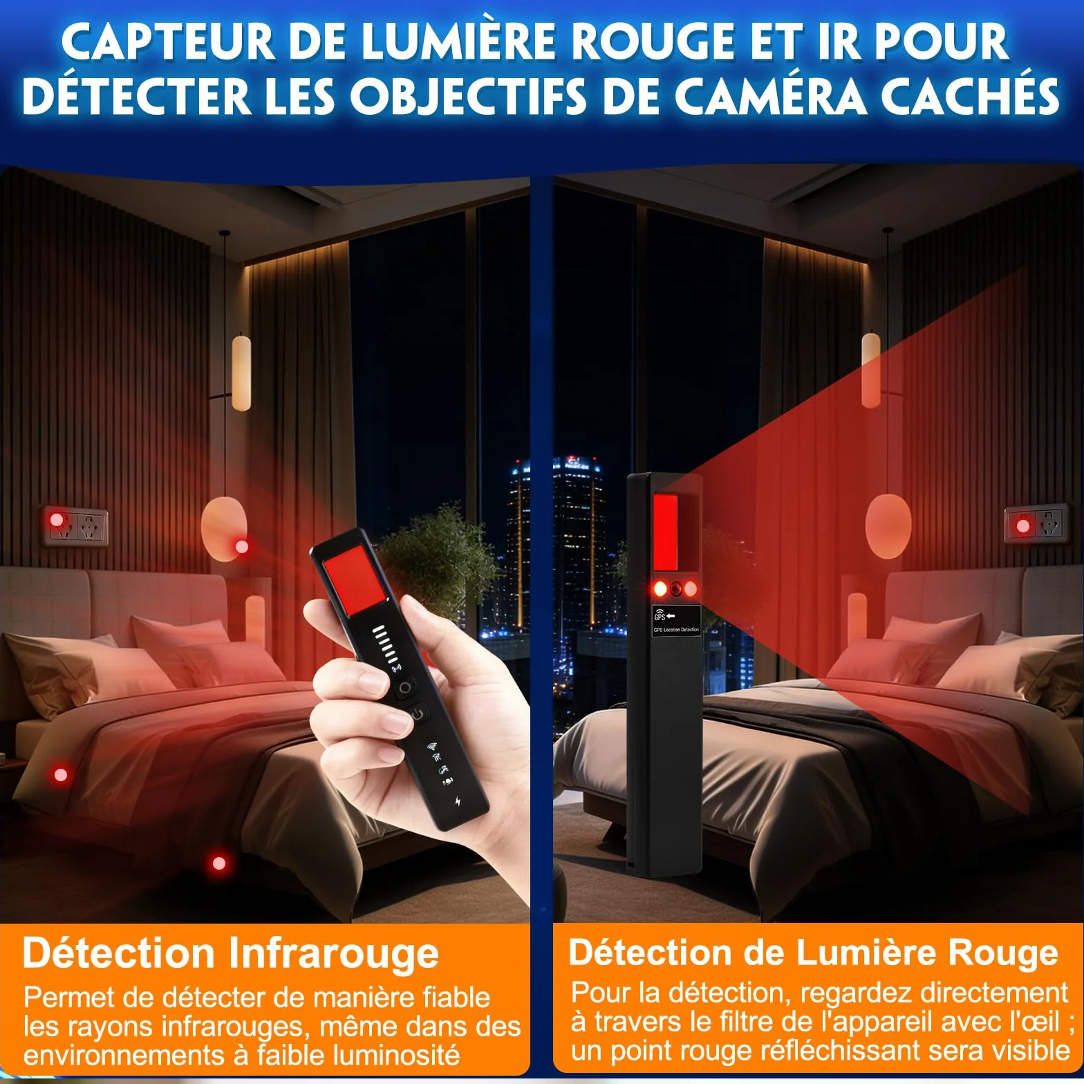 Détecteur de Caméra Cachée 5 en 1 – Détecteur de Micro Espion, Détecteur de Micros GPS, Détecteur RF sans Fil, 6 Niveaux de Sensibilité, Alarme de Sécurité pour Maison, Bureau, Hôtel