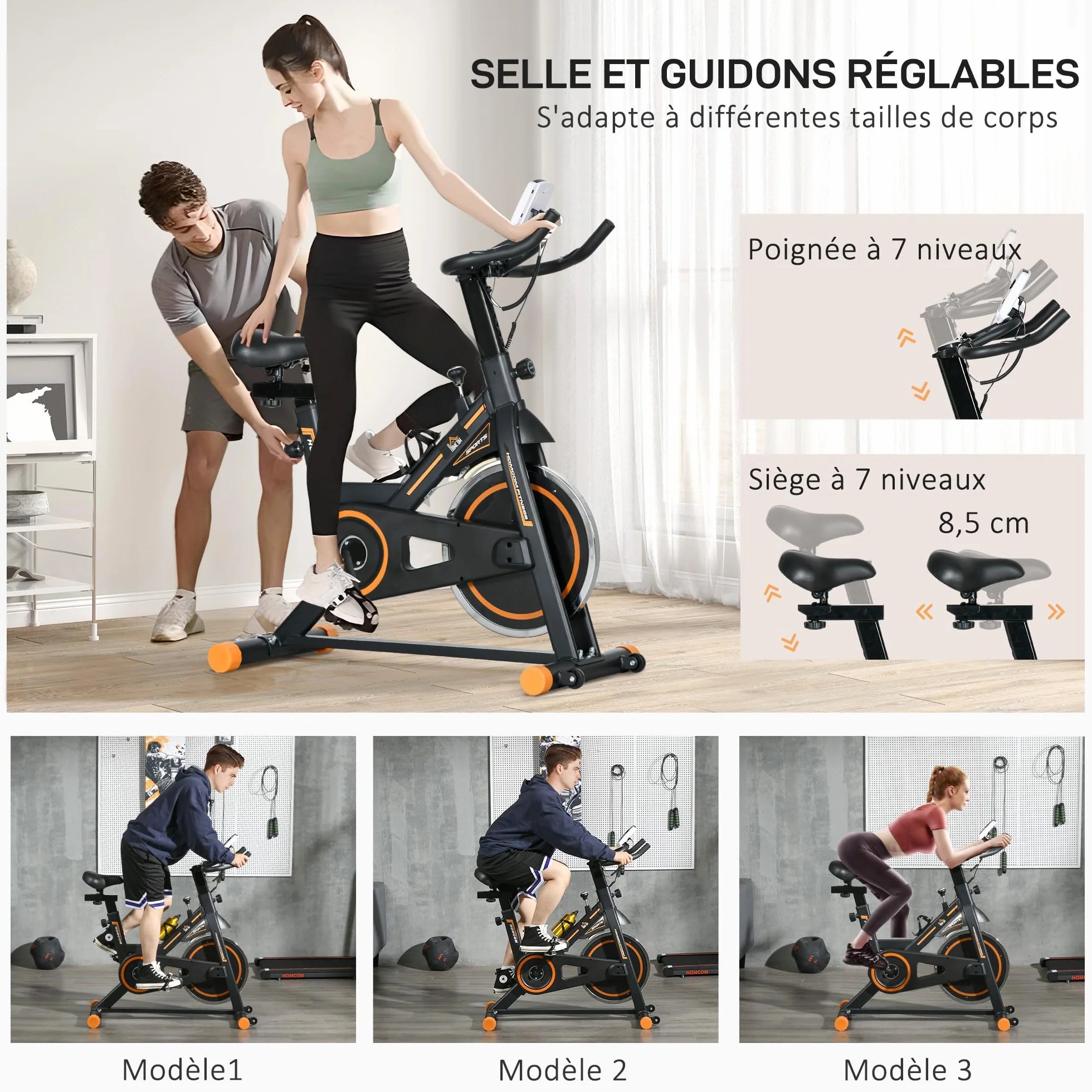 HOMCOM Vélo d'Appartement avec Écran LCD, Résistance Réglable, Charge 120 kg, Noir et Orange