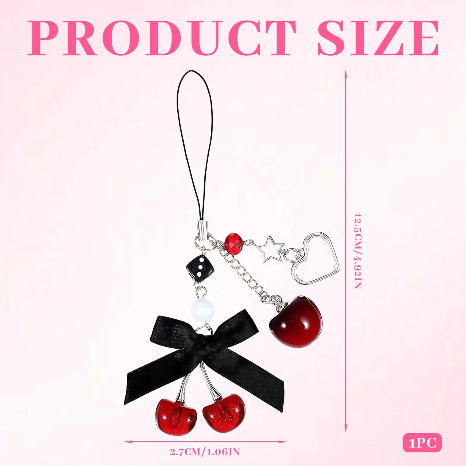 Kurze Handykette avec Charme Cerise – Breloque de téléphone Mignon en Noir comme chaîne Courte décorative pour Smartphone et clés