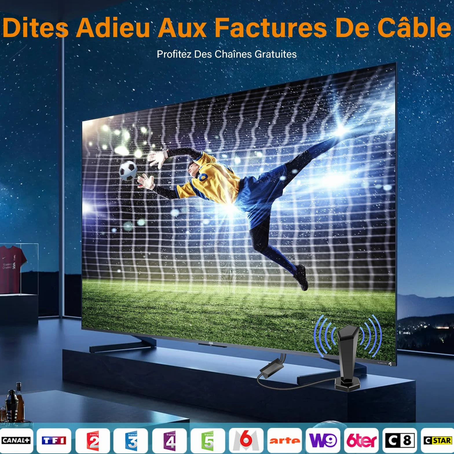 Antenne TV Intérieure Puissante, Antenne TNT Intérieure avec Amplificateur de Signal Intelligent,Réception 360° Longue Portée 500km,Compatible Smart TV 1080P 4K DVB-T/DVB-T2
