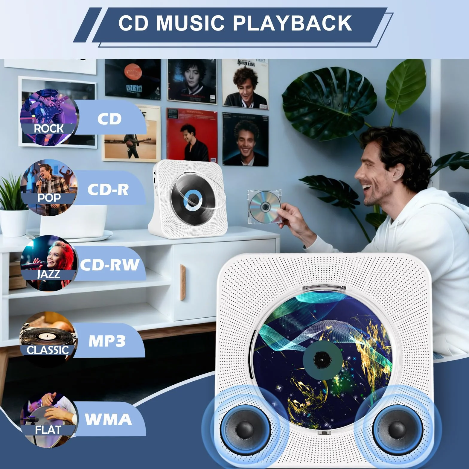 Lecteur CD Bluetooth Portable avec Radio FM, Haut-Parleurs Double, USB/AUX, Télécommande