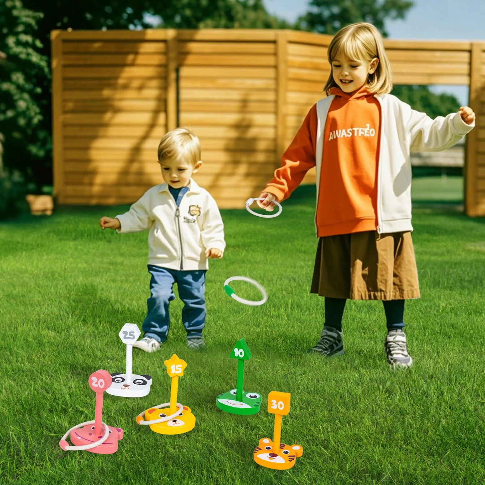 Jeu de Lancer d'Anneaux en Bois pour Enfants, Jeu d'Extérieur avec 5 Baguettes et 5 Anneaux