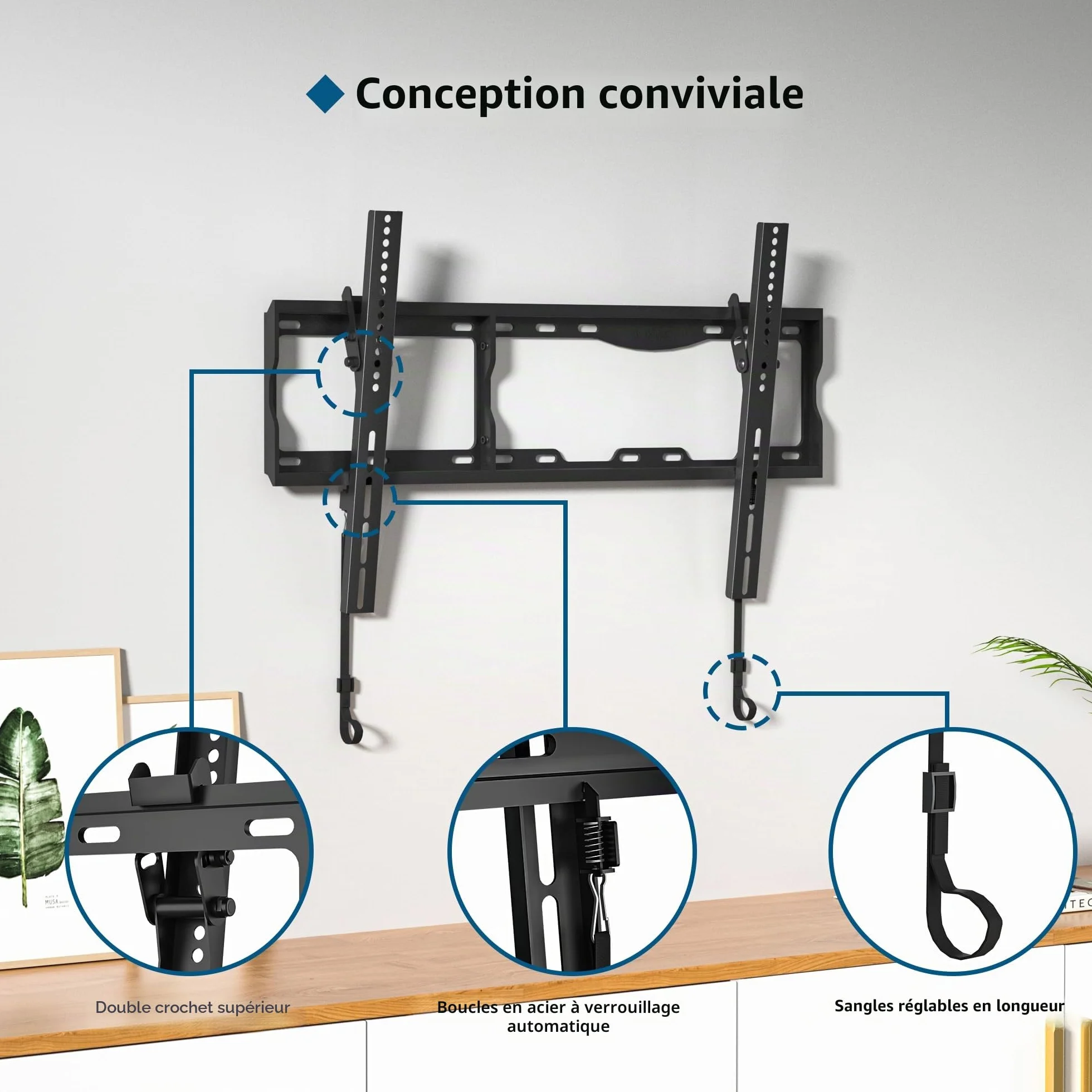 BONTEC Support Mural TV 17-86 Pouces, Fixation Murale Inclinable jusqu'à 75 kg, Compatible VESA 75x75 à 600x400mm, Support TV Mural Orientable avec Niveau à Bulle et Attaches de Câble Inclus