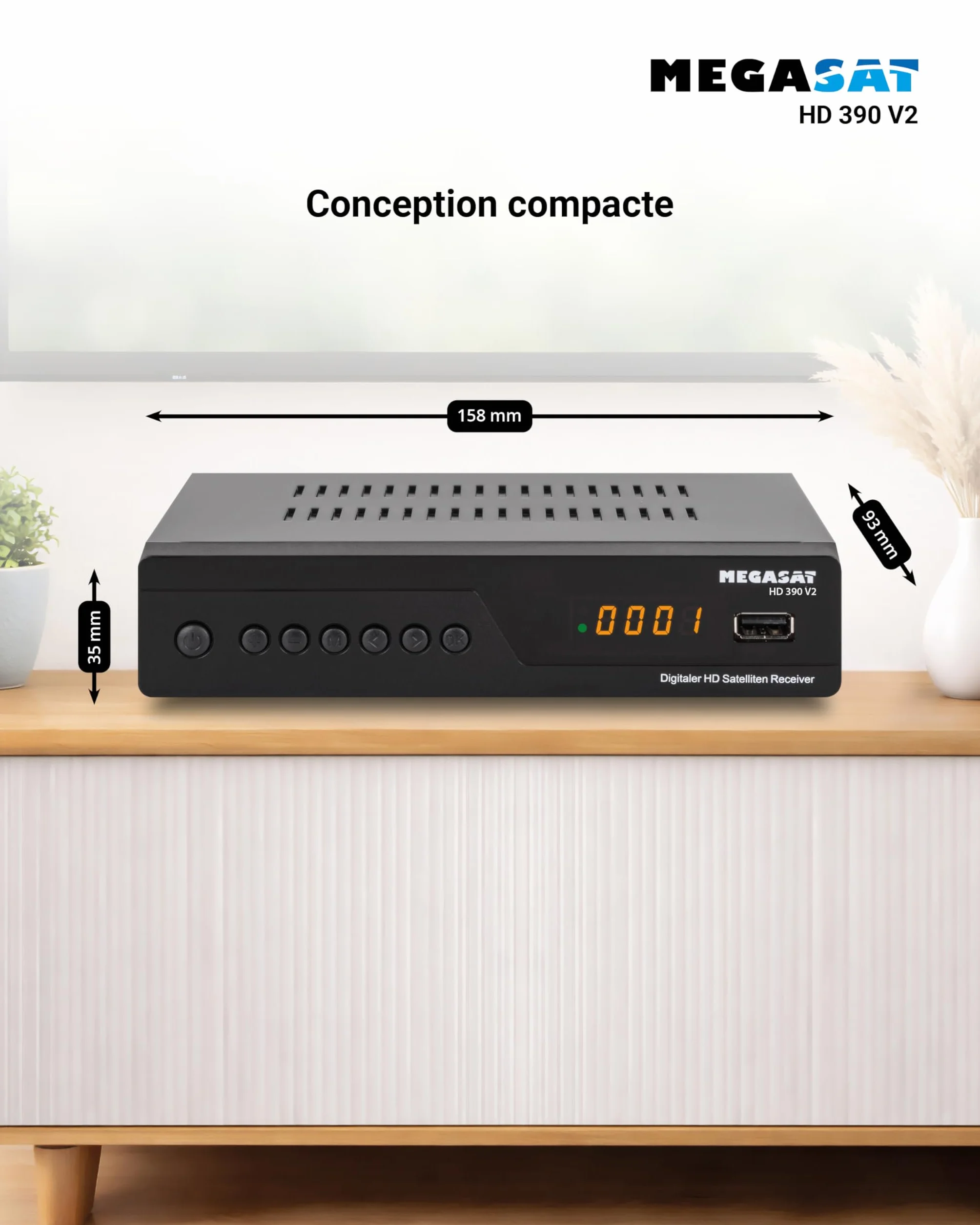 Megasat HD 390 – Récepteur Satellite HD (DVB-S/DVB-S2, Lecteur multimédia, HDMI, Péritel, 2 × USB, écran) – Noir