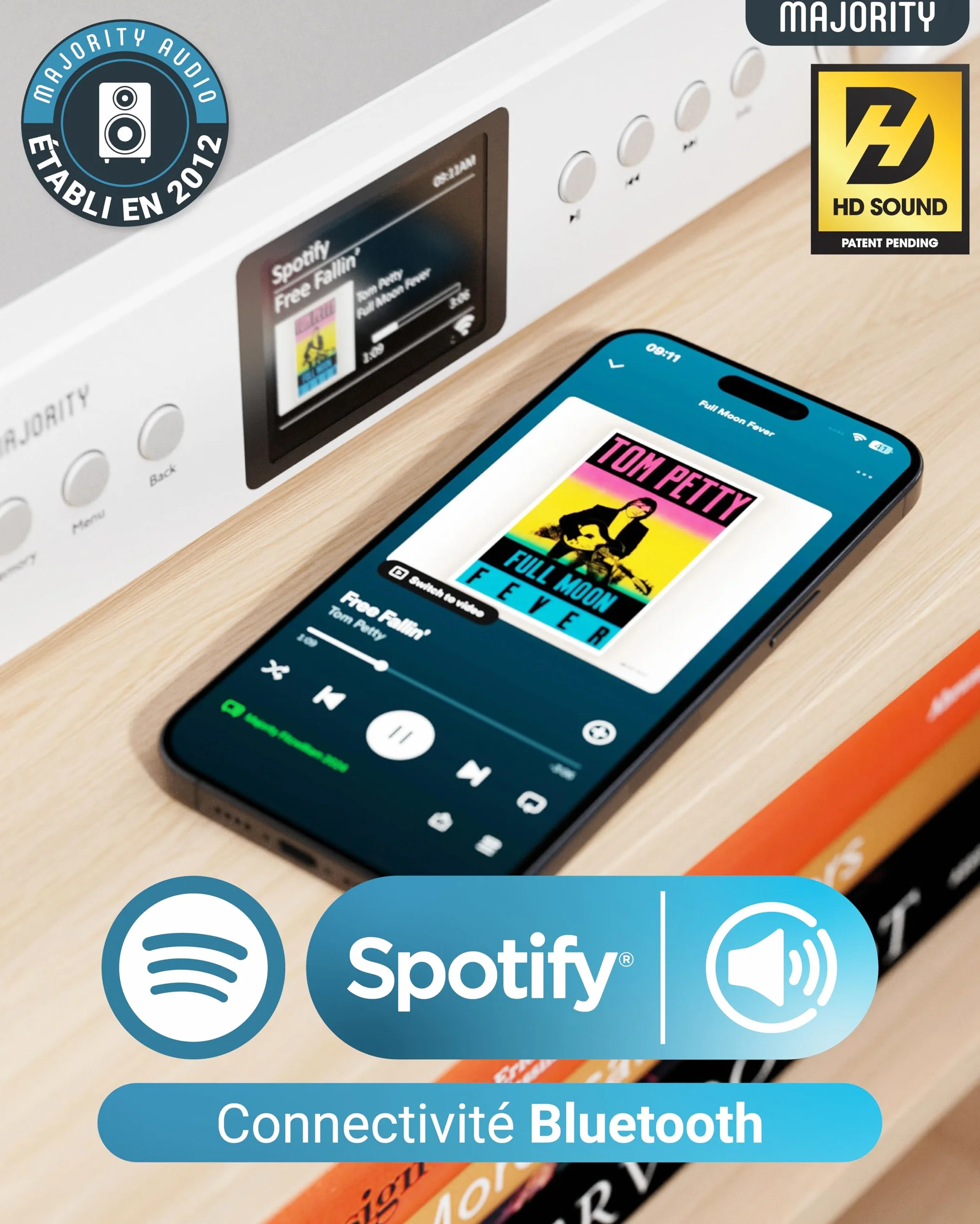 Radio Internet Dab FM WiFi Bluetooth |Tuner Dab pour Chaine HiFi avec Spotify Connect | Tuner HiFi avec Plus de 90 présélections, écran LED Couleur | USB, AUX, RCA | Majority Fitzwilliam 2024 (Argent)