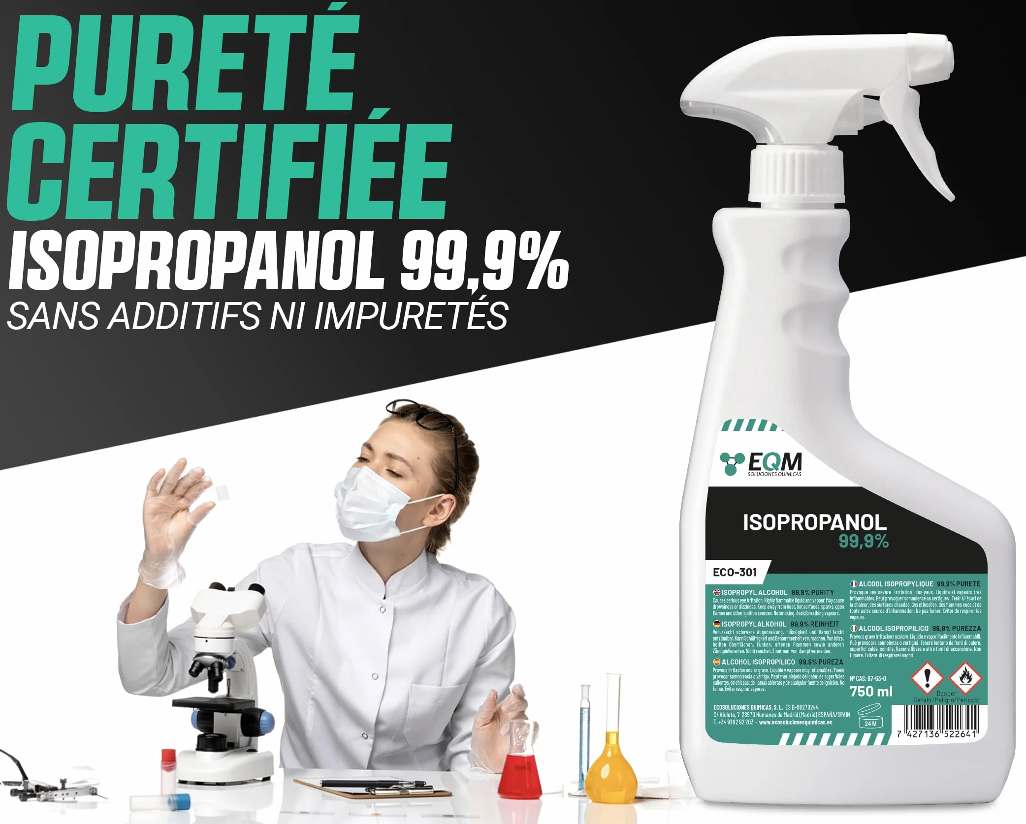 EQM - ECO-301 - Alcool Isopropylique Pur 99,9% - 750 ML - Nettoyage de Composants Électroniques, Objectifs, Écrans et Résines d’Impression 3D