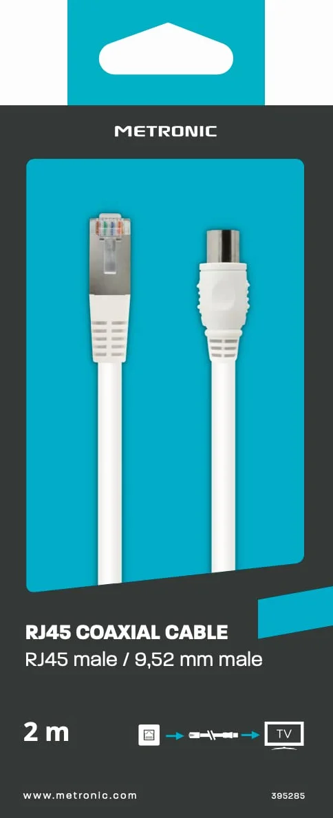 METRONIC Câble RJ45 TV coaxial 9,52mm Mâle/Male 2 mètres blindé contact dorés Blanc