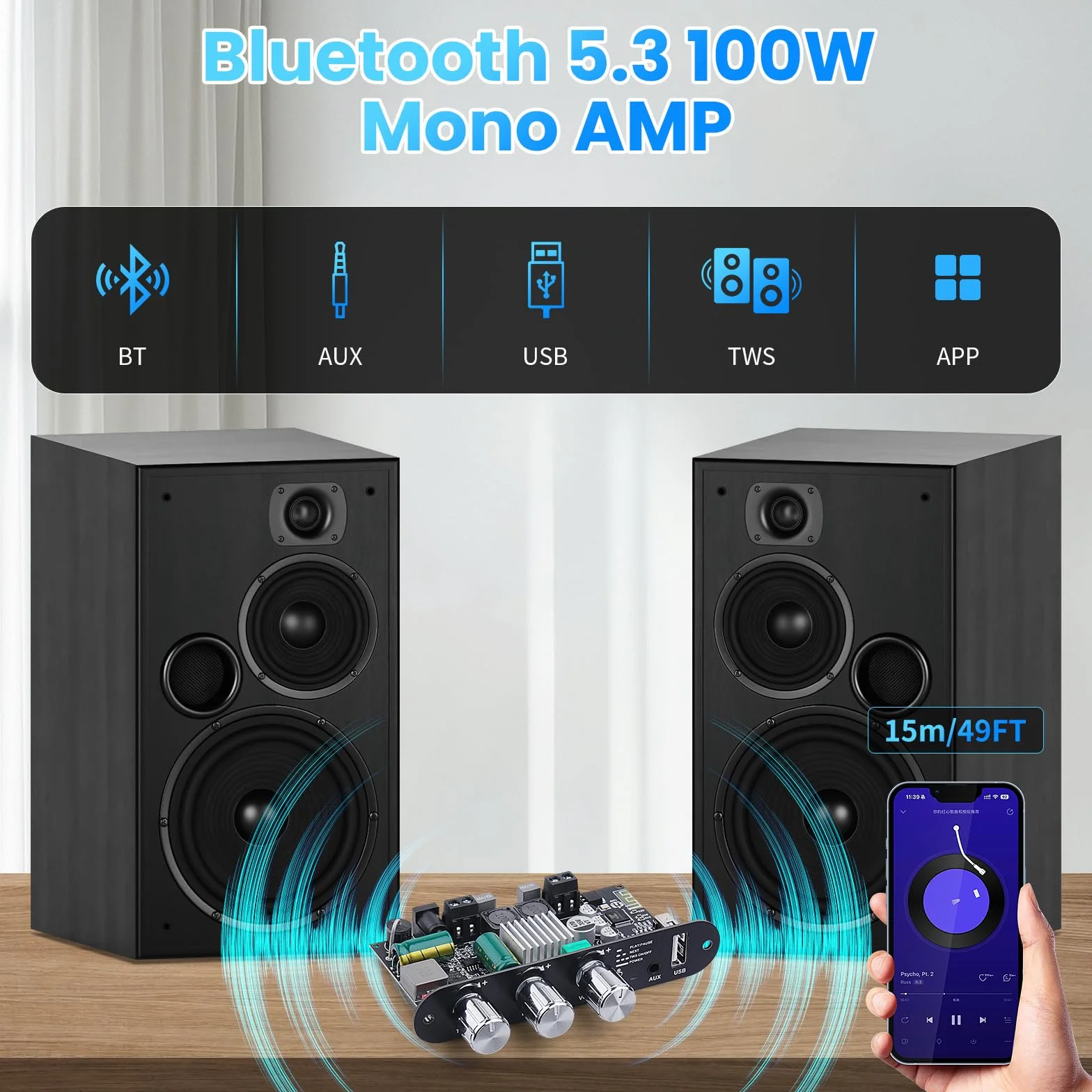 ZK-1001U Amplificateur audio Bluetooth 5.3 100W Stéréo HiFi avec entrée TB/USB/AUX