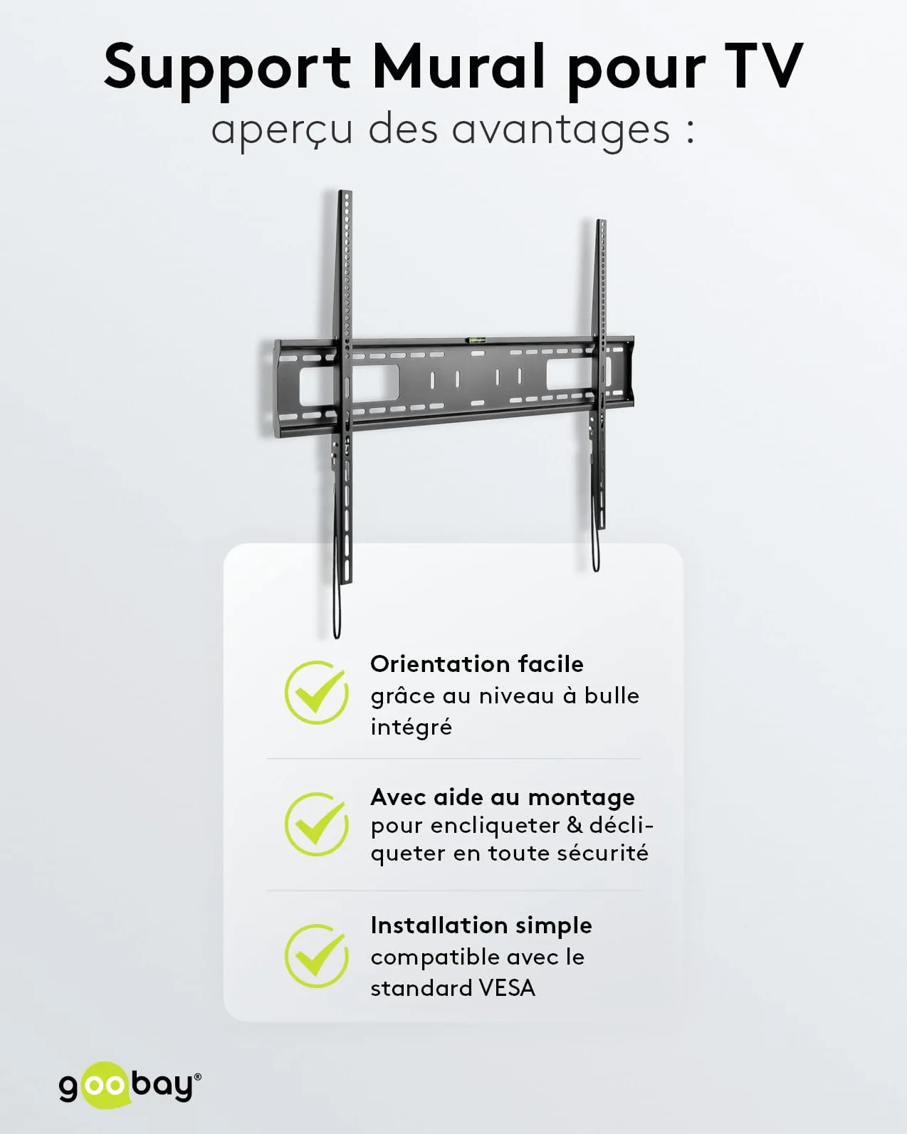goobay Support TV Mural Fixe 43-100 Pouces 30,5 mm VESA 900x600 Charge Lourde Jusqu'à 75 kg - Pro FIXED XL - 49892