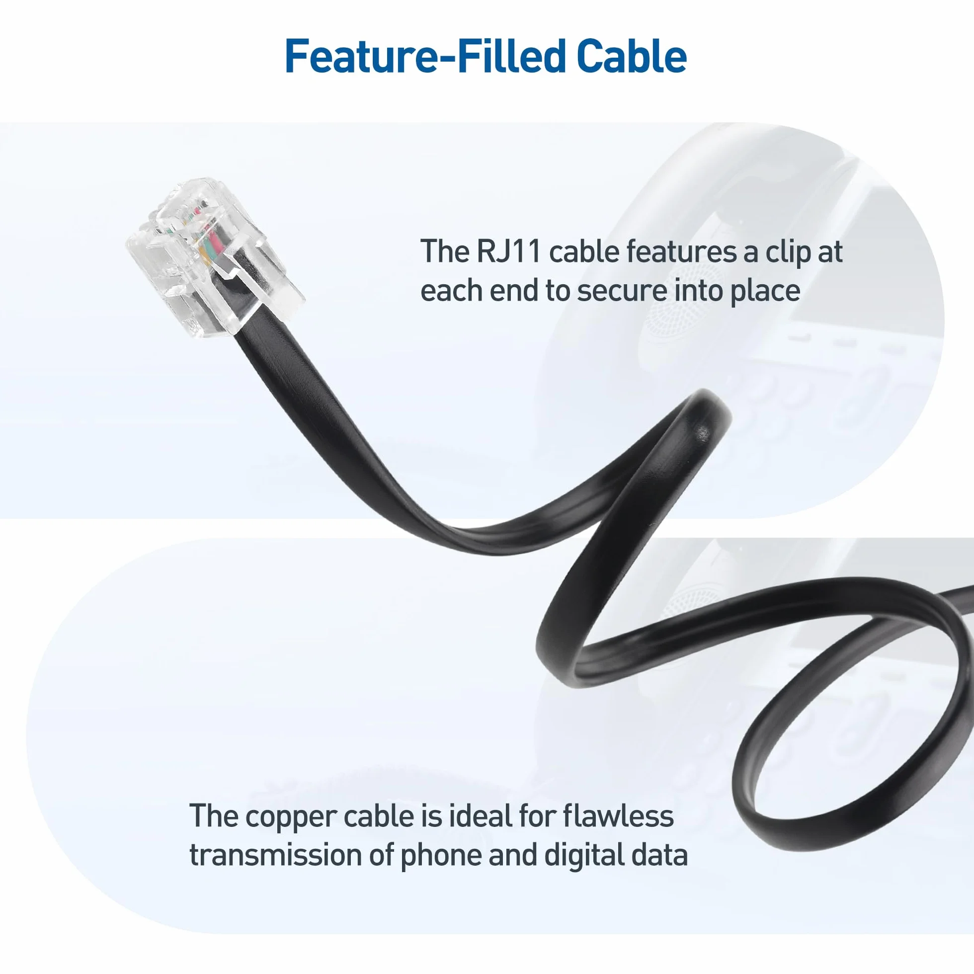 Cable Matters Pack de 2 Câble téléphonique de 1m (cable RJ11 vers RJ11) pour téléphone, Internet DSL, ADSL, modem en Noir - 1m