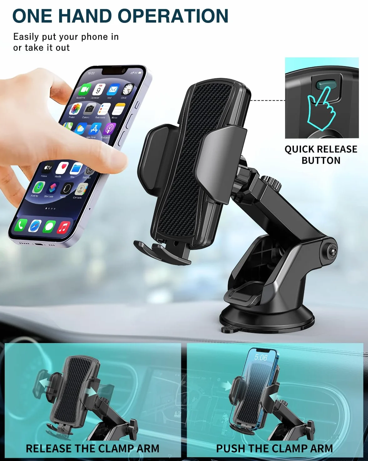 Hoppac Support Telephone Voiture, Porte Téléphone Voiture Tableau de Bord et Voiture Pare-Brise, 360 Degrés Rotation, Un Bouton de Libération, pour 4-7 in Smartphone