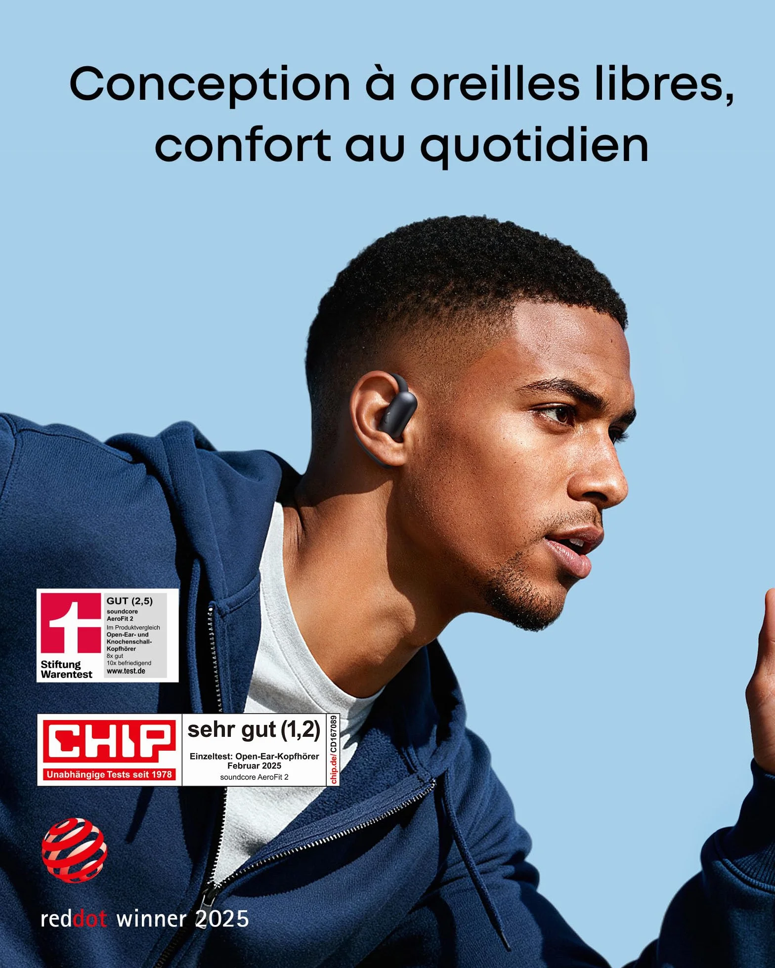 soundcore AeroFit 2 by Anker, écouteurs oreilles libres, 4 positions réglables, basses 2x plus riches, Hi-Res, autonomie 42h, IP55, appels clairs avec IA, chargement sans fil, traduction en temps réel