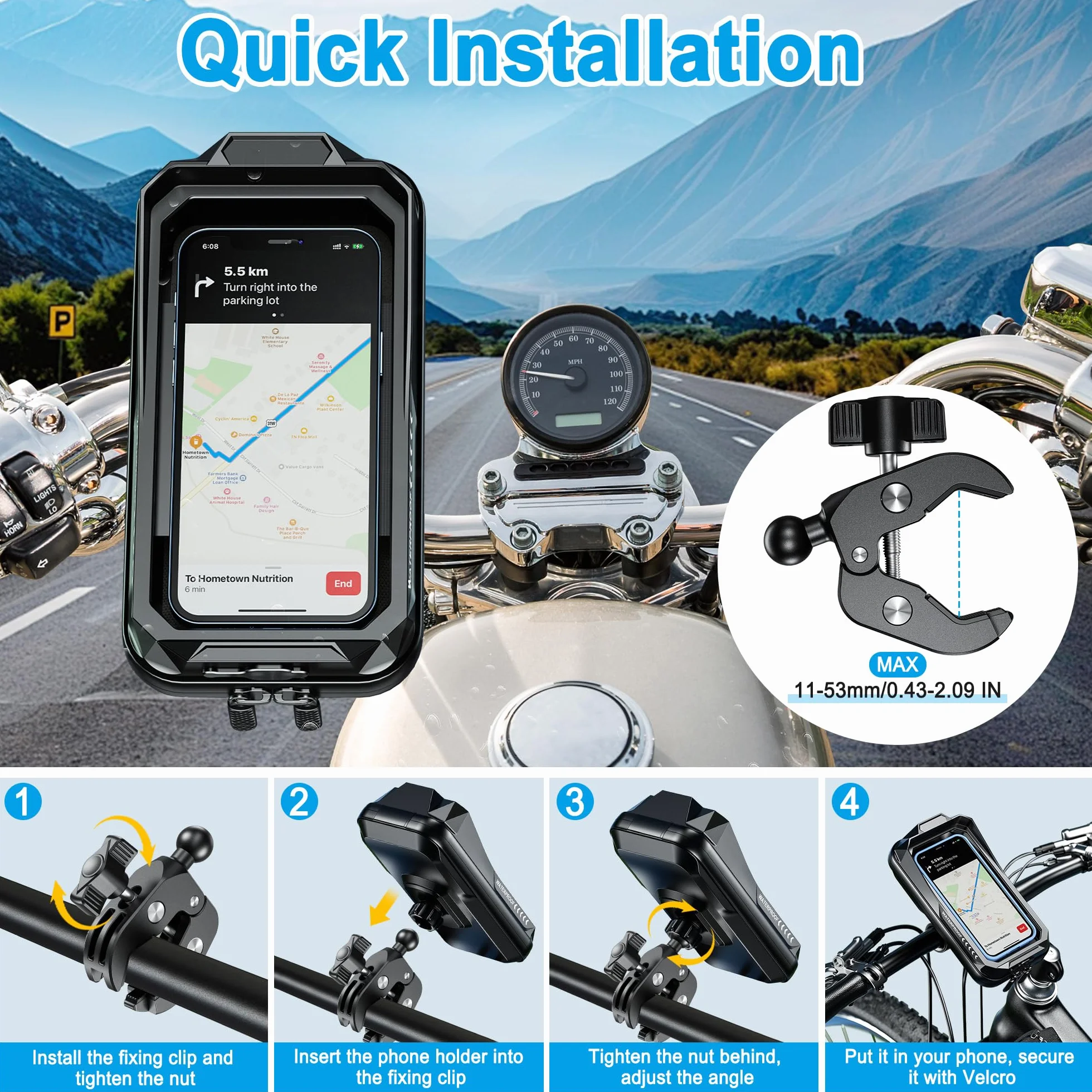 Support Téléphone Vélo Moto Universel 360° Rotation Porte Telephone Velo Guidon Etanche Support Telephone Trotinette Electrique Scooter avec Ecran Tactile pour Smartphones