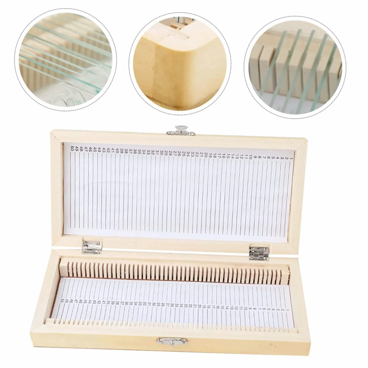 Amosfun Boîte Coulissante en Bois Compacte et Facile à Transporter Compartiments Numérotés pour 50 Lames de Microscope pour Collection de Spécimens