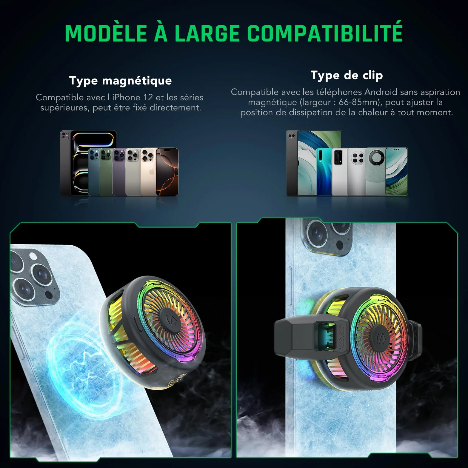 Black Shark FunCooler 5 Refroidisseur Telephone Magnétique, ventilateur telephone portable avec éclairage RGB, Phone Cooler compatible avec la série magnétique iPhone/Android/tablette/iPad (Noir)
