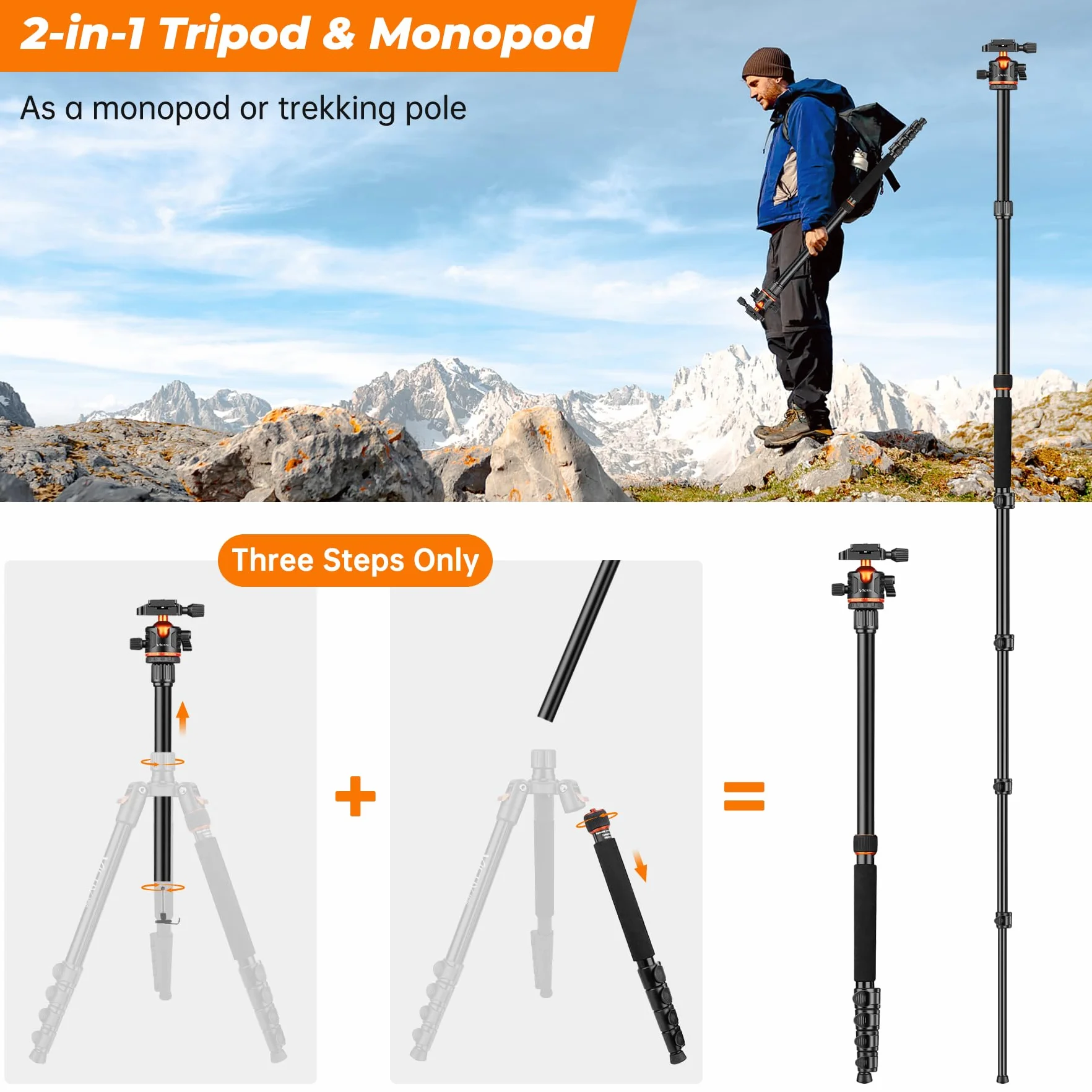 Victiv 200cm Trepied Appareil Photo, Trépied de Voyage Portable & Stable, Trépieds Caméra Aluminium avec 360° Rotule Ball & Monopode Amovible pour Canon Nikon Sony DSLR, Tripod pour iPhone Smartphone