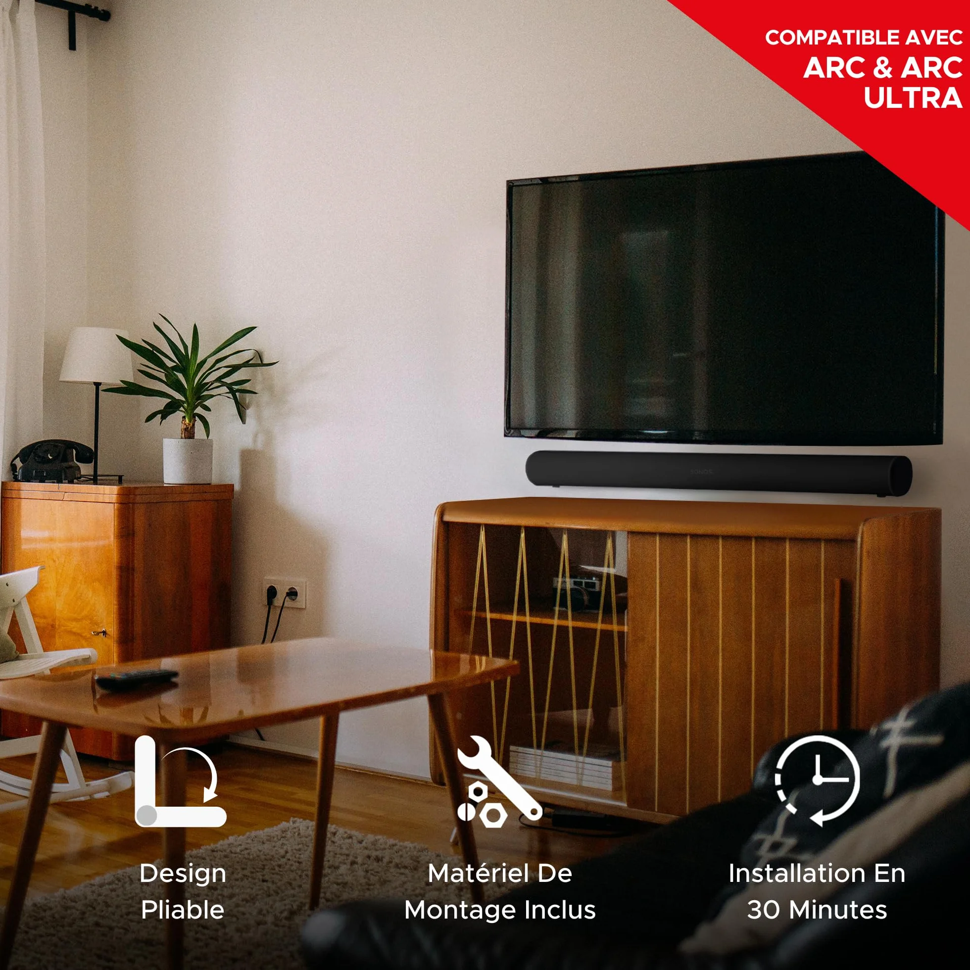 Sound bass Arc Wall Mount Bracket, Noir, Compatible avec Sonos Arc et Arc Ultra, Profondeur Réglable, Tout Le Matériel Inclus, Conçu au Royaume-Uni.