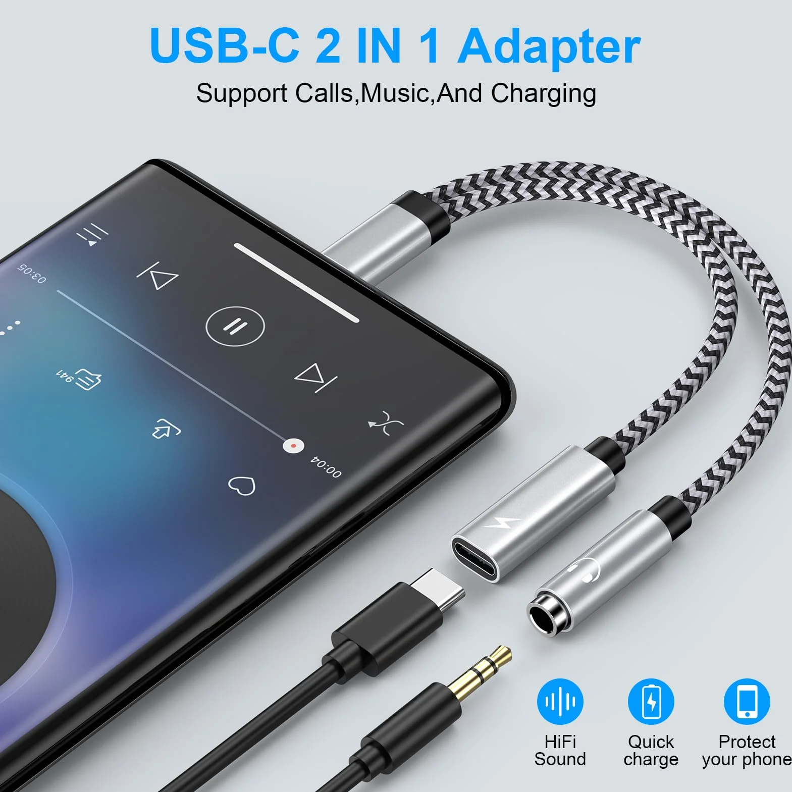 Adaptateur USB C Jack 3,5mm 2 en 1 pour iPhone 17 Pro Max Samsung Galaxy S26 S25 Xiaomi Google Pixel
