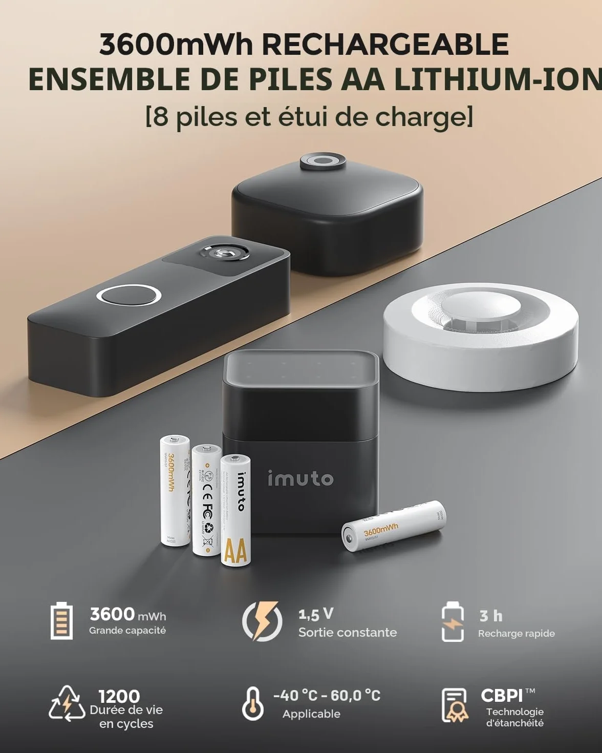 Imuto Piles AA 1,5V Lithium 3600mWh 1600 Cycles avec Chargeur 8 Emplacements