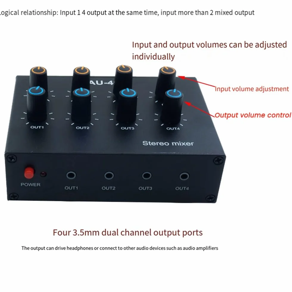 AU-404 Son Stéréo Quatre Entrées et Sorties Multiples Mélangeur Audio Double Canal Mélange de Musique Quatre en Quatre Sorties Installation Facile