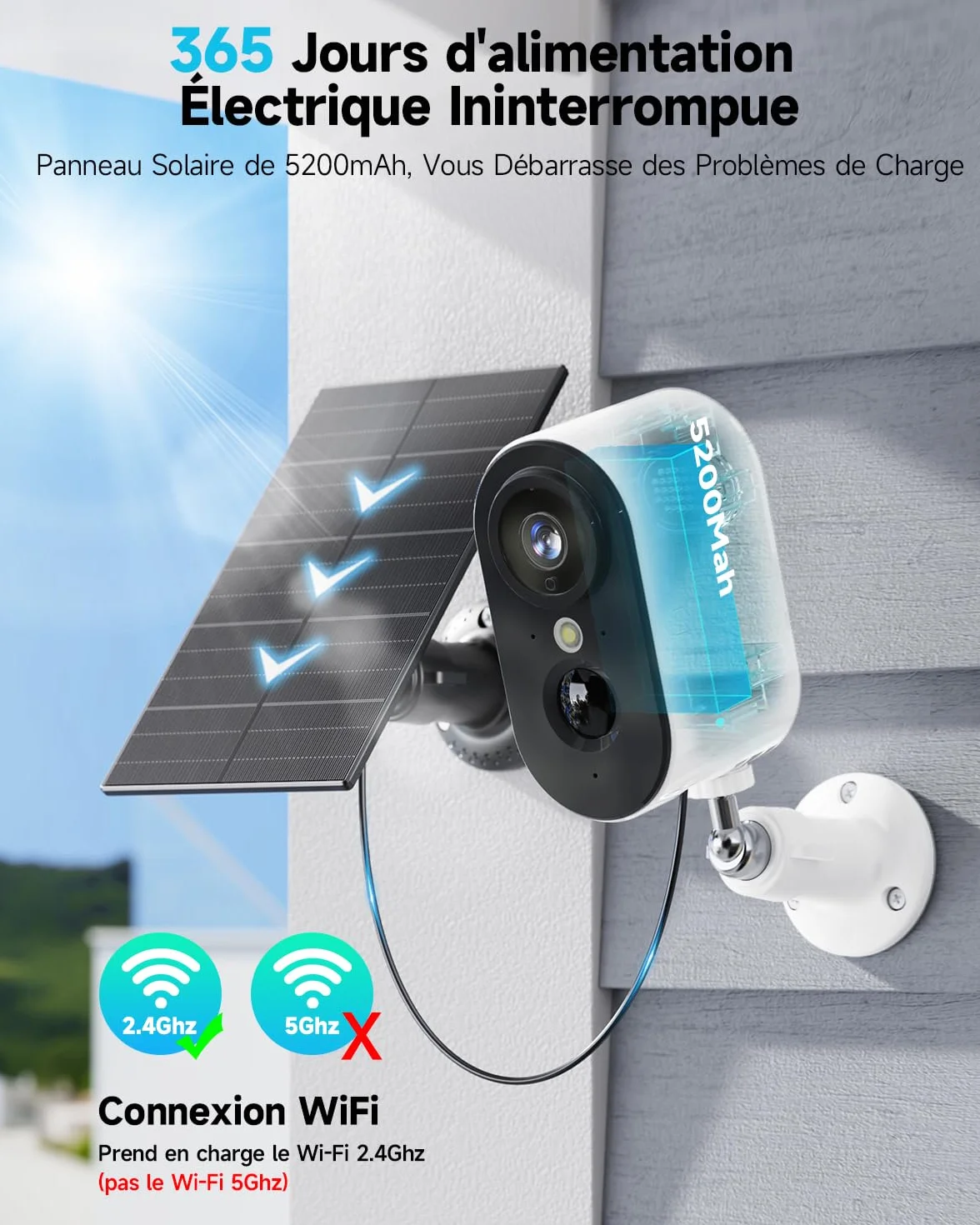 2K Caméra Surveillance WiFi Exterieure sans Fil Batterie - Camera Surveillance WiFi avec Panneau Solaire, Vision Nocturne Couleur, Extérieure/Intérieure, PIR Détection Mouvement, IP66, 2,4 GHz