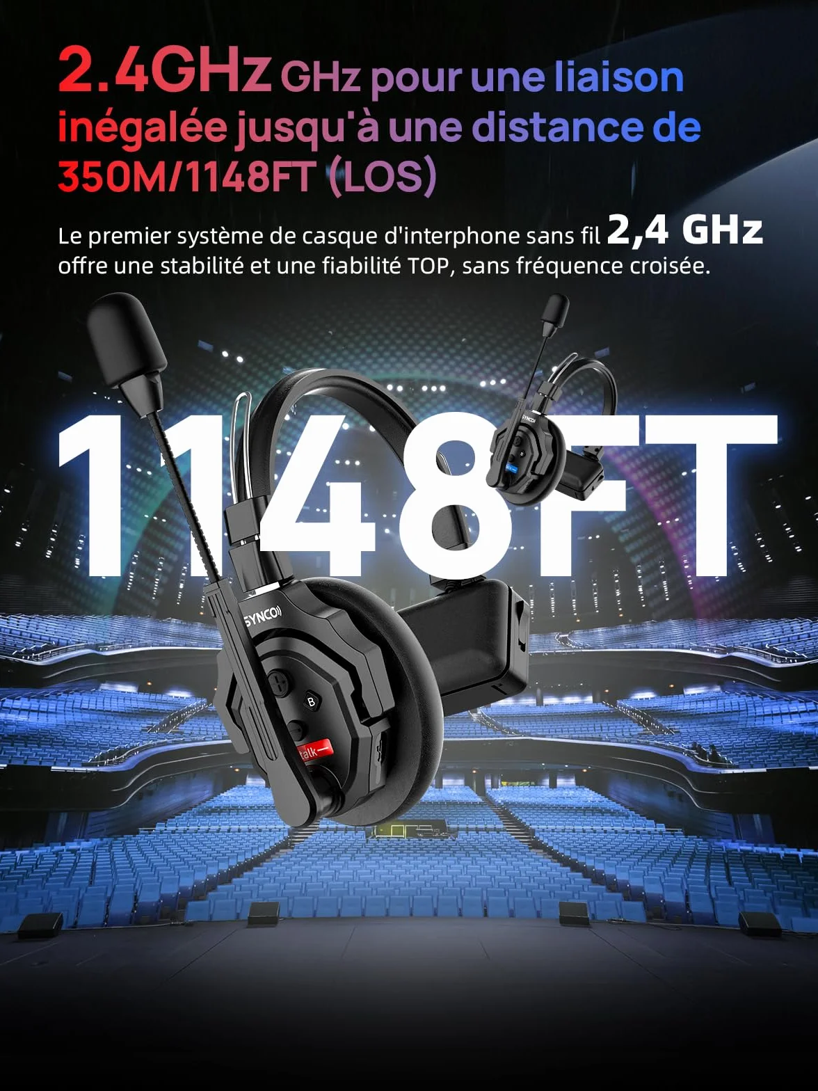 SYNCO Xtalk X2 Casque Intercom Full Duplex Système, 2.4G Casque Communication sans Fil Intercom Système pour Equipe d'Annulation du Bruit avec 2 Ecouteurs