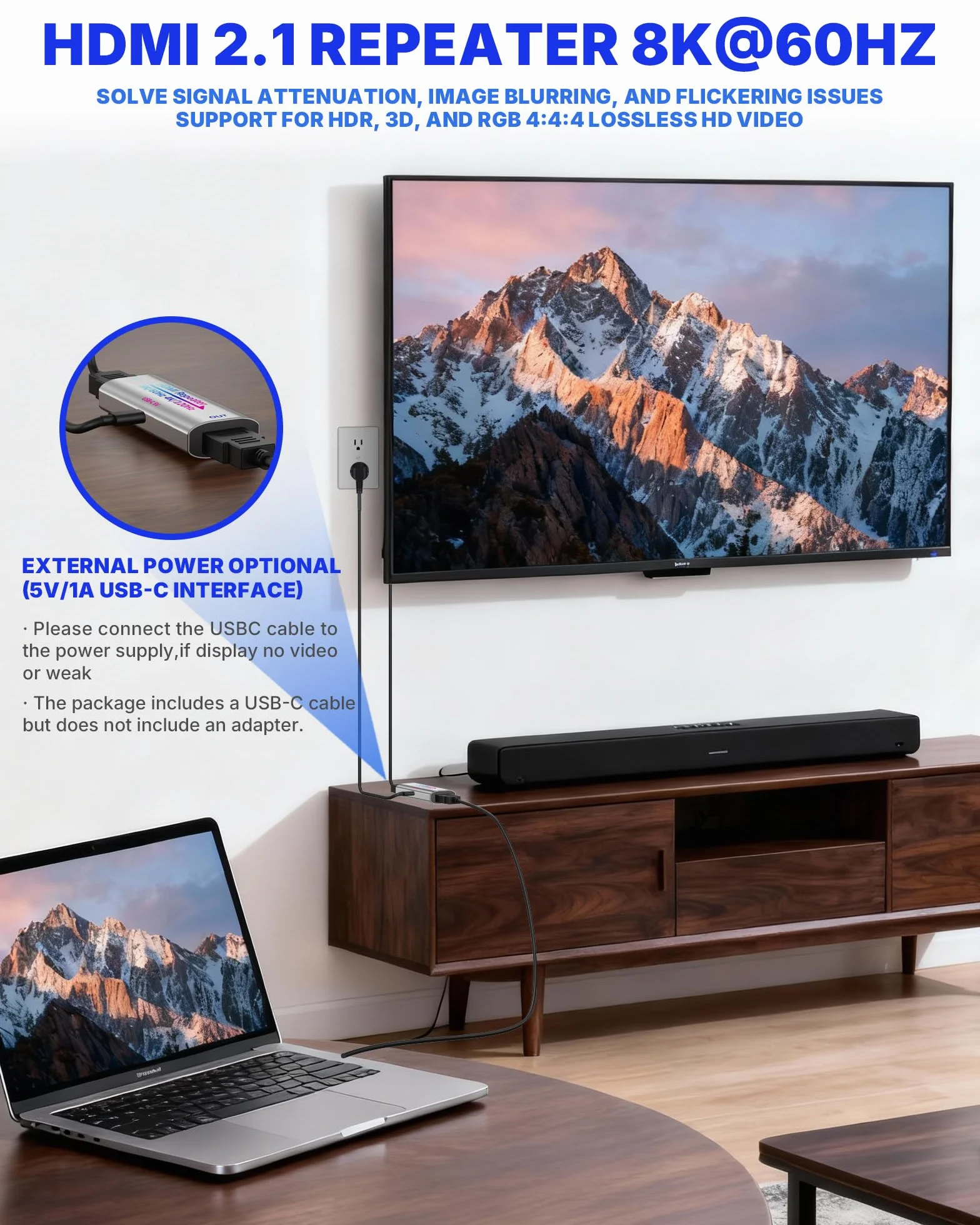 Amplificateur de signal HDMI 8K 2.1, 8K@60Hz/4K@240Hz, étend HDMI 1080p jusqu'à 50m, HDCP 2.3