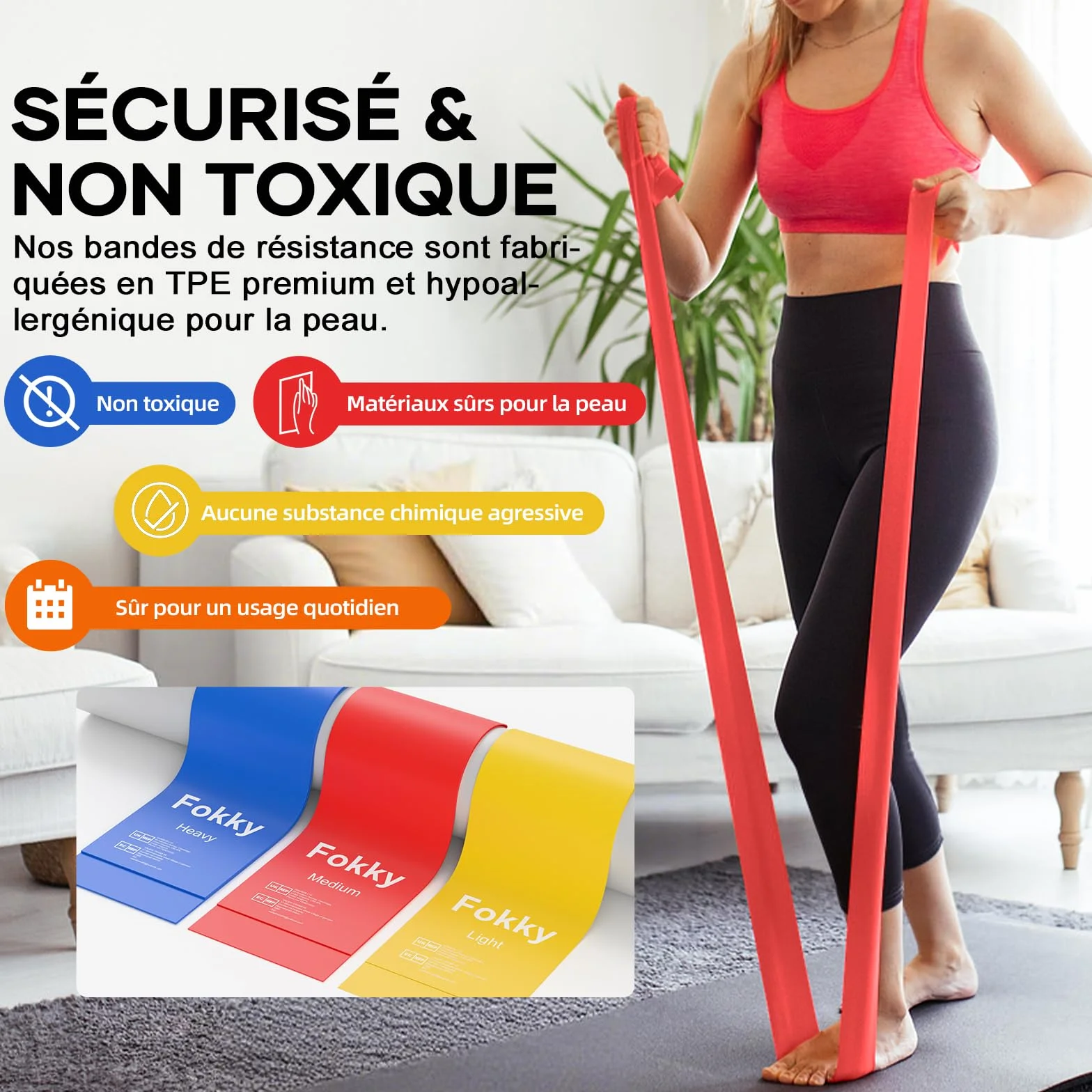 Bande Élastique Musculation 3 Pièces 1.5M/2M Fitness avec 3 Niveaux de Résistance Yoga Pilates