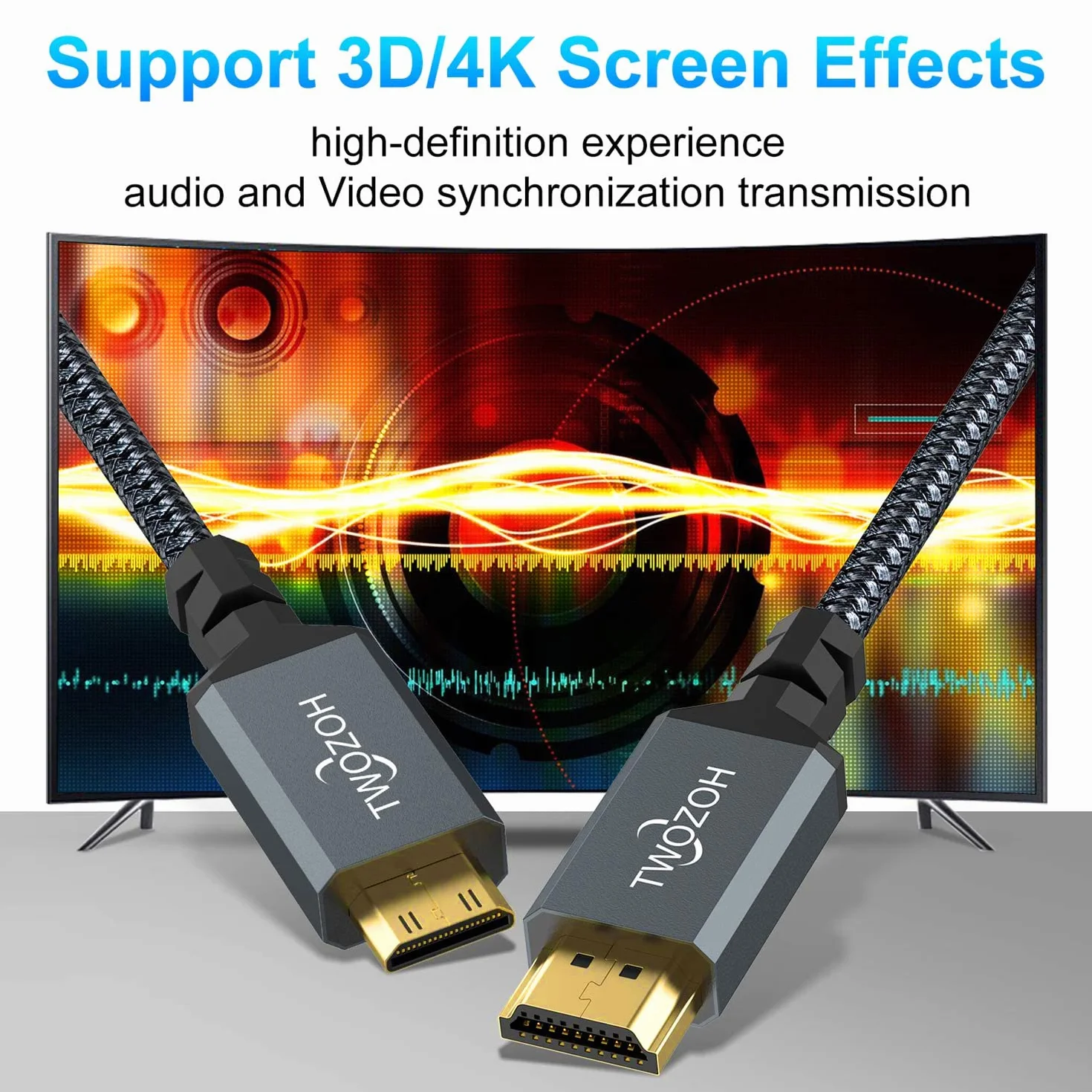 Twozoh Câble Mini HDMI vers HDMI 2M, Nylon tressé 4K Câble Mini HDMI C vers Full HDMI A, Supporte 3D Ethernet ARC 4K 60Hz 1080p