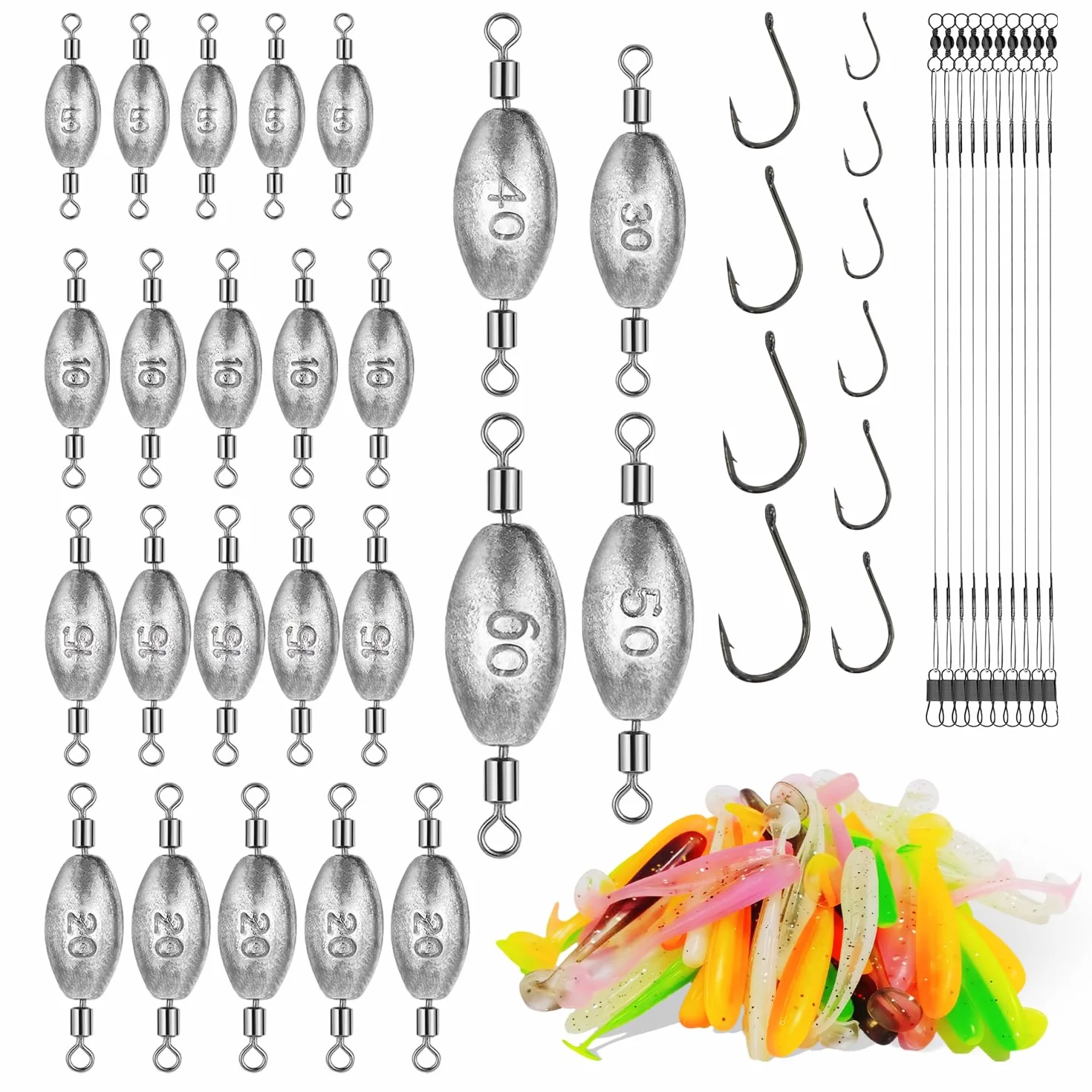134 Pièces Plomb Pêche Mer Carpe en Forme d'Olive avec Émerillon Set Poids 5-60g